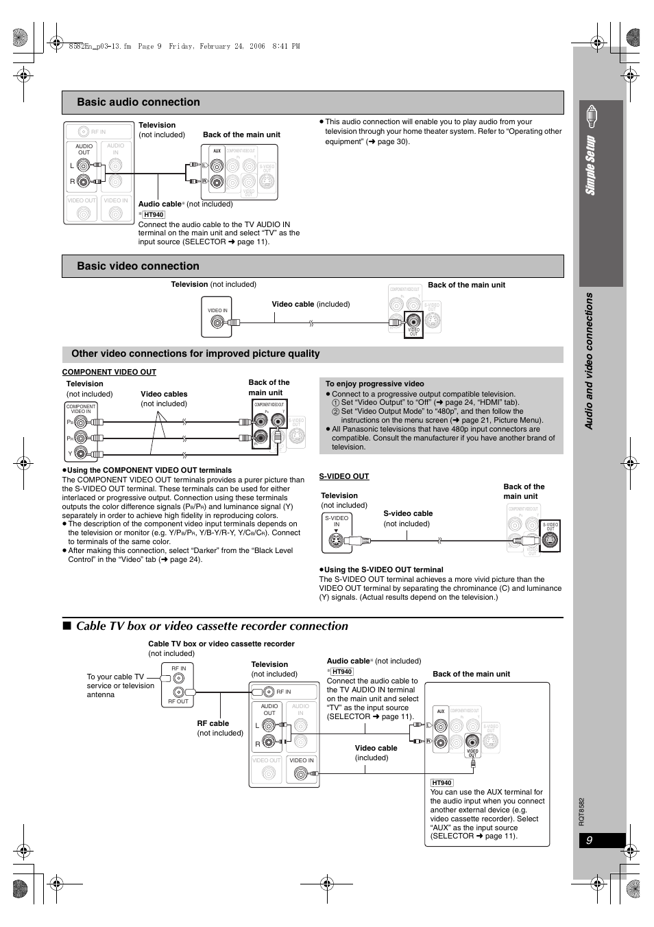 Cable tv box or video cassette recorder connection, 9simple se tu p, Basic audio connection | Basic video connection, Audio and vide o c onne ction s | Panasonic SC-HT940 User Manual | Page 9 / 40