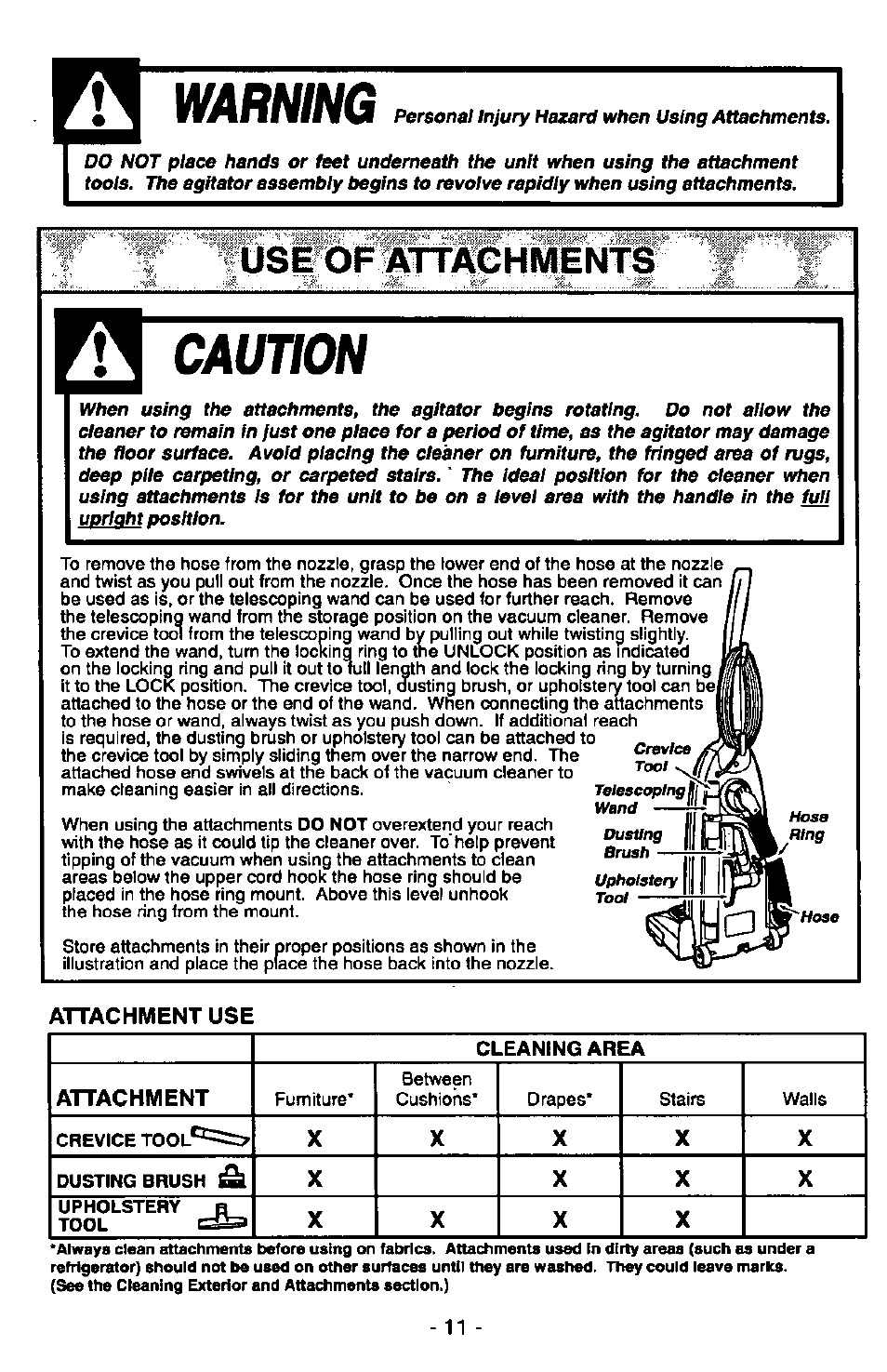 R ; use of attachments, Attachment use, Use of attachments | Caution, Warning | Panasonic MC-V6970 User Manual | Page 11 / 24