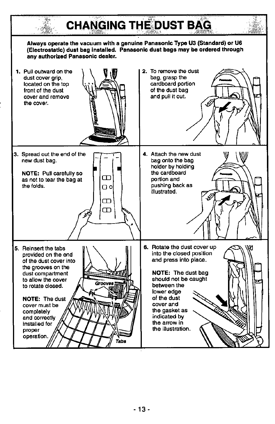 Cha^jiing theidust bag, Changing the dust bag | Panasonic MC-V6970 User Manual | Page 13 / 24