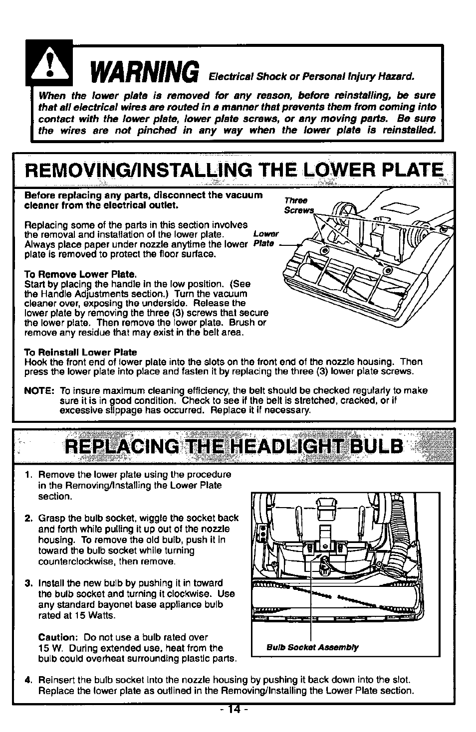 Removlng/instalyng the lower plate, Repiacing'thelieadlightibulb, Removing/lnstalling the lower plate | Replacing the headlight bulb, Warning | Panasonic MC-V6970 User Manual | Page 14 / 24