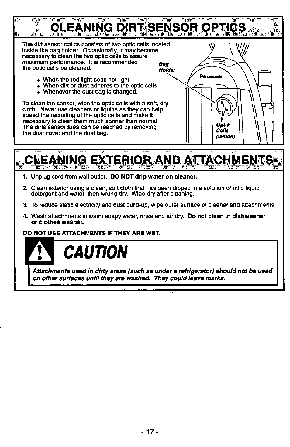 Cleaning dirt sensor optics, Cleaning exterior and êttêpwmentsiï, Cleaning exterior and attachments | Caution | Panasonic MC-V6970 User Manual | Page 17 / 24