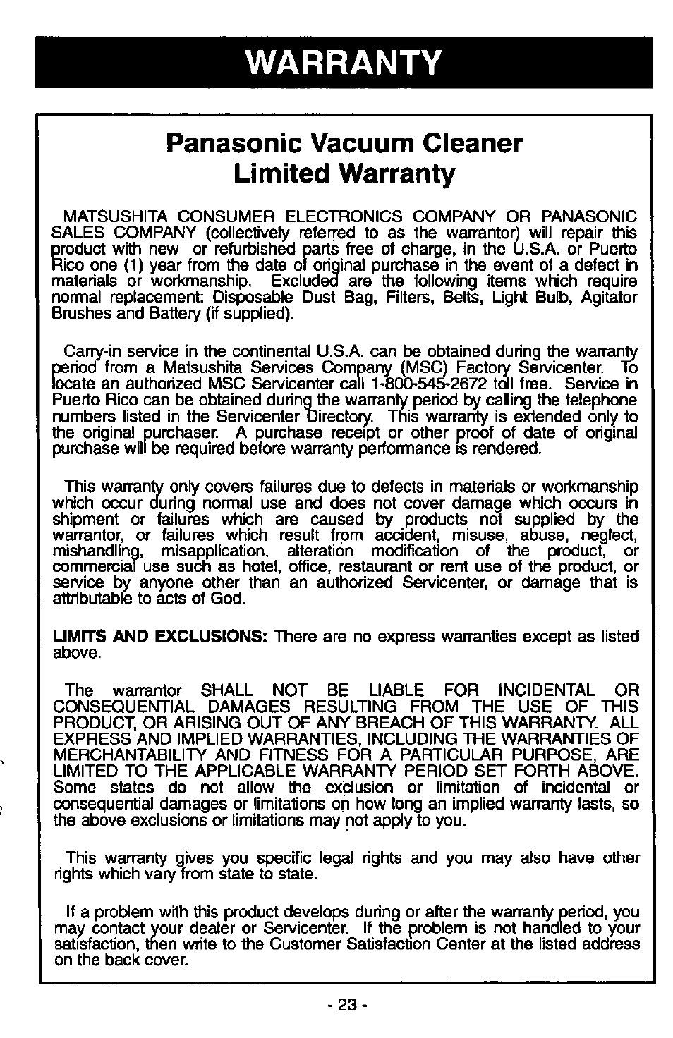 Warranty, Panasonic vacuum cleaner limited warranty | Panasonic MC-V6970 User Manual | Page 23 / 24