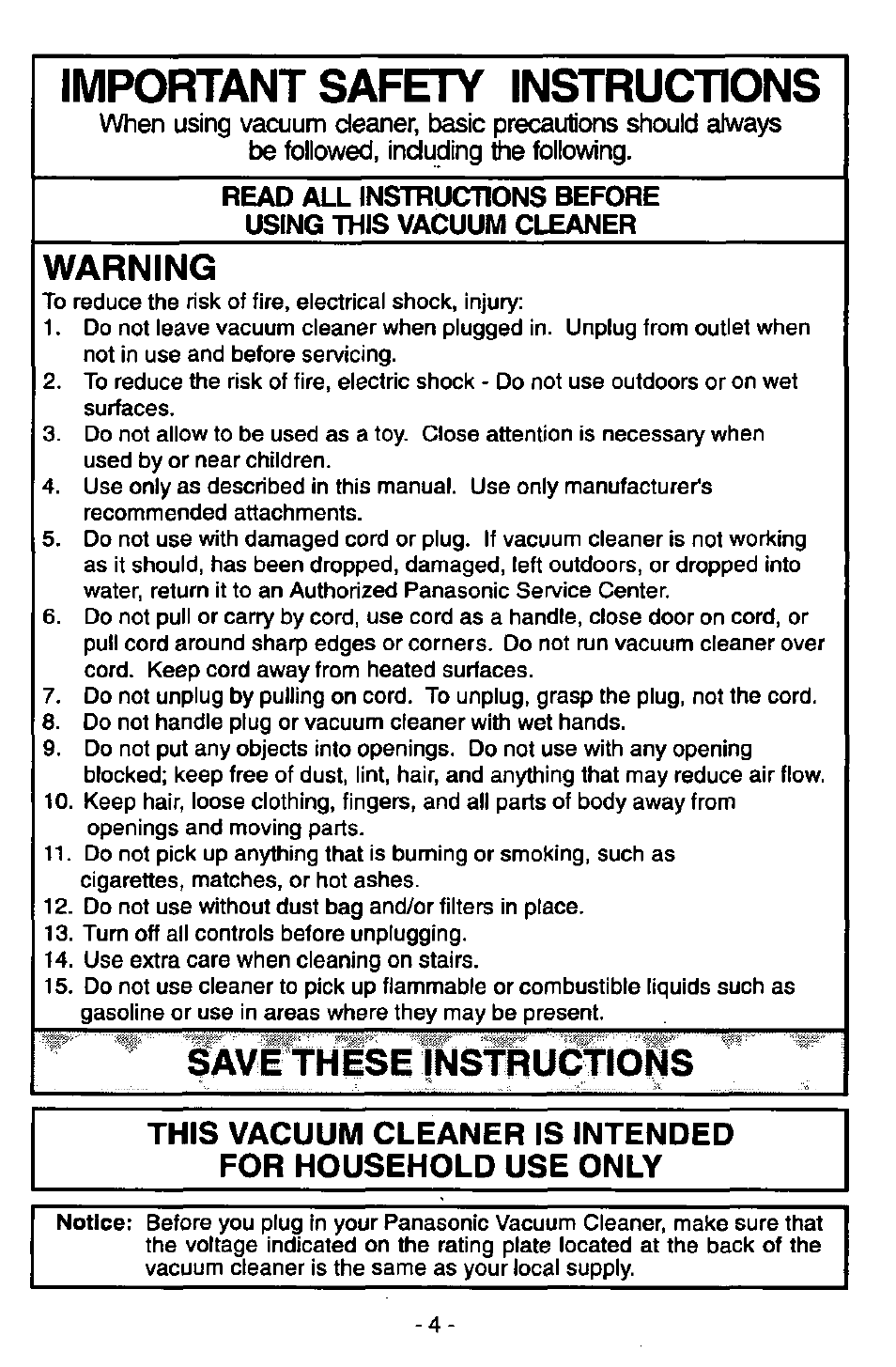 Important safety instructions, Warning, Save these instructions | Panasonic MC-V6970 User Manual | Page 4 / 24