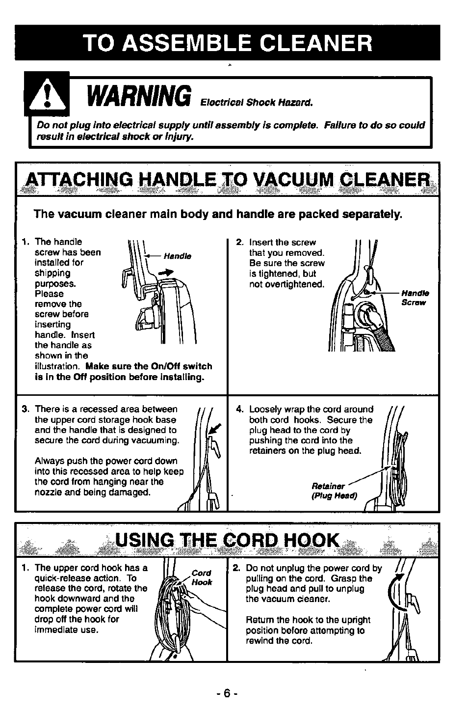 To assemble cleaner, Atimching handle 10 vacudm gleaner, Attaching handle to vacuum cleaner | Warning, Atimching handle, Vacudm gleaner | Panasonic MC-V6970 User Manual | Page 6 / 24