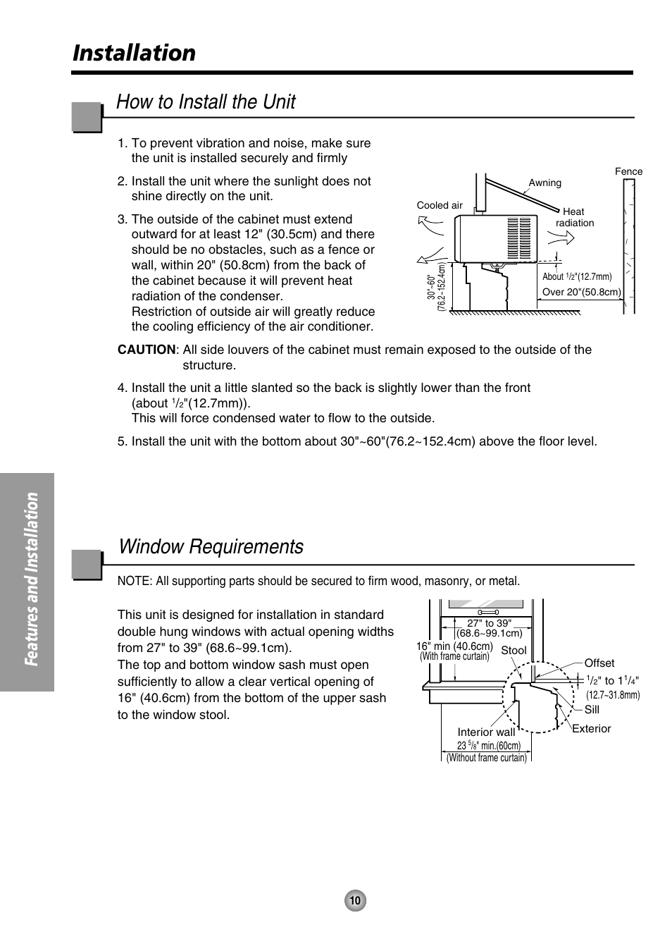 Installation, How to install the unit, Window requirements | Features and installation | Panasonic CW-XC144HU User Manual | Page 10 / 56