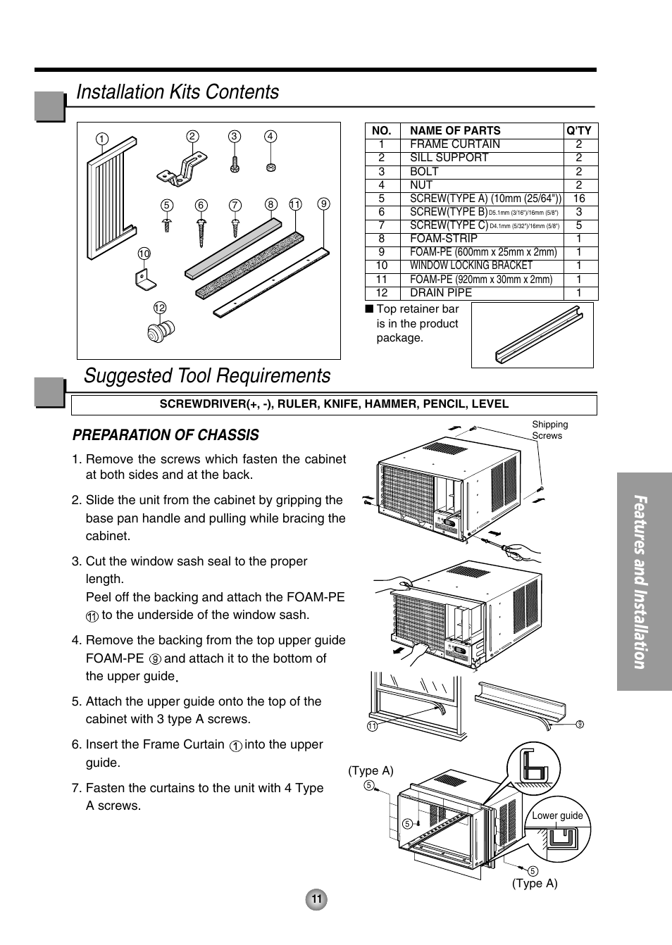 Installation kits contents, Suggested tool requirements, Features and installation | Preparation of chassis | Panasonic CW-XC144HU User Manual | Page 11 / 56