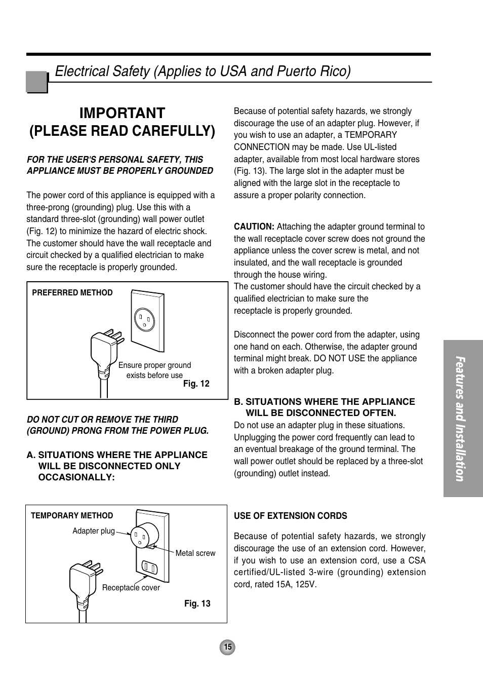 Electrical safety, Features and installation | Panasonic CW-XC144HU User Manual | Page 15 / 56