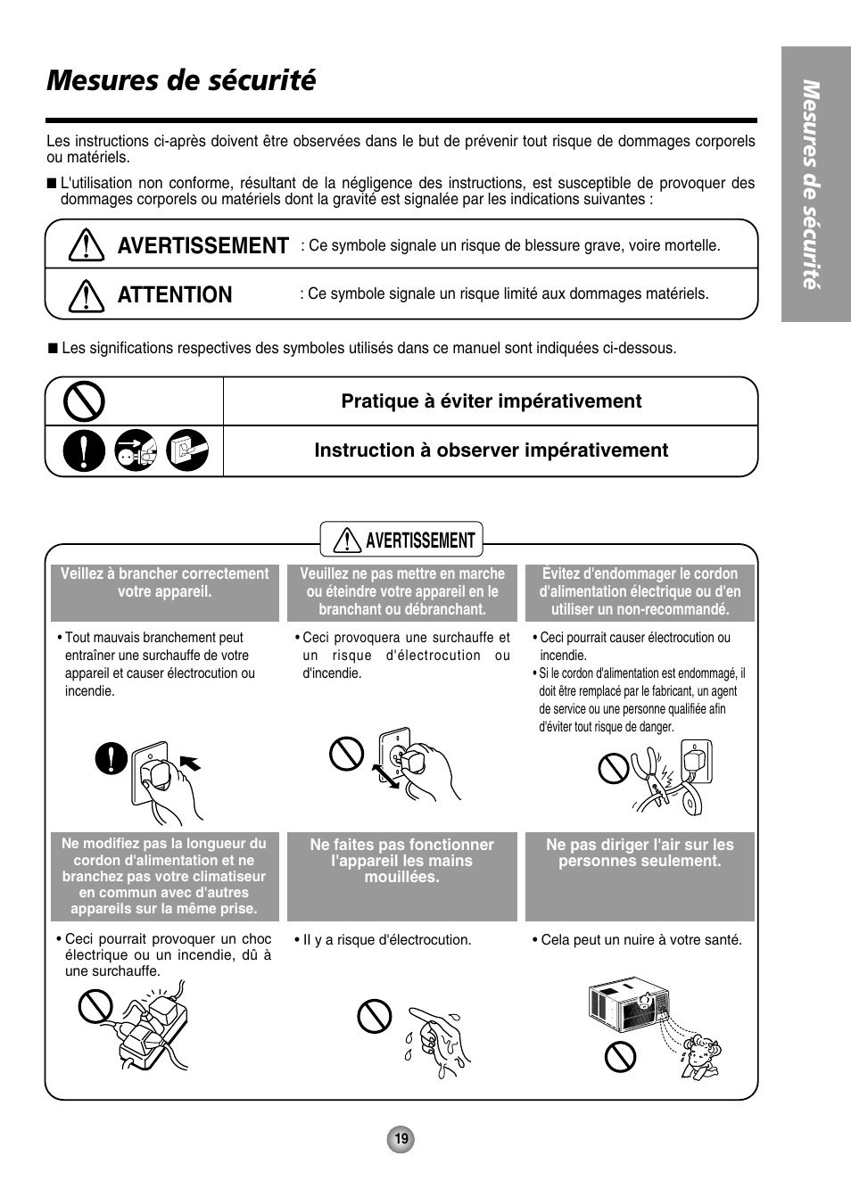 Mesures de securite, Mesures de sécurité, Mesures d e sécurité | Attention, Avertissement | Panasonic CW-XC144HU User Manual | Page 19 / 56