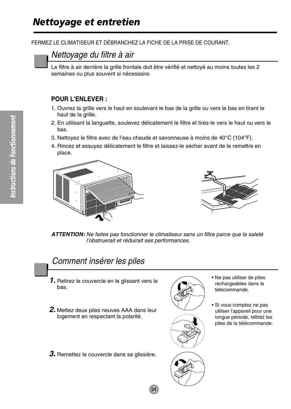 Nettoyage et entretien, Nettoyage du filtre a air, Nettoyage du filtre à air | Comment insérer les piles, Instructions de fonctionnement | Panasonic CW-XC144HU User Manual | Page 24 / 56