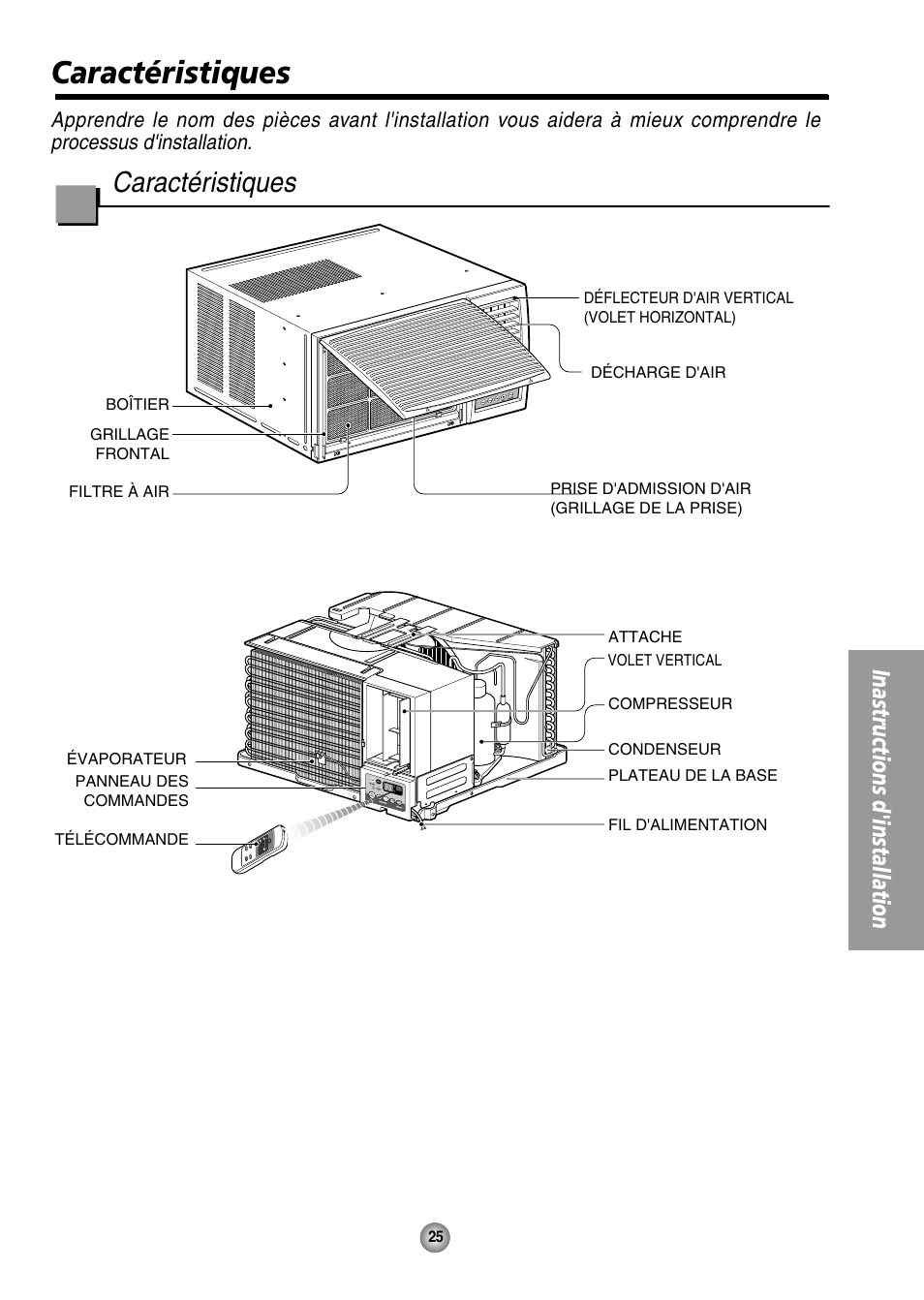 Caracteristiques, Caractéristiques, Inastructions d'installation | Panasonic CW-XC144HU User Manual | Page 25 / 56