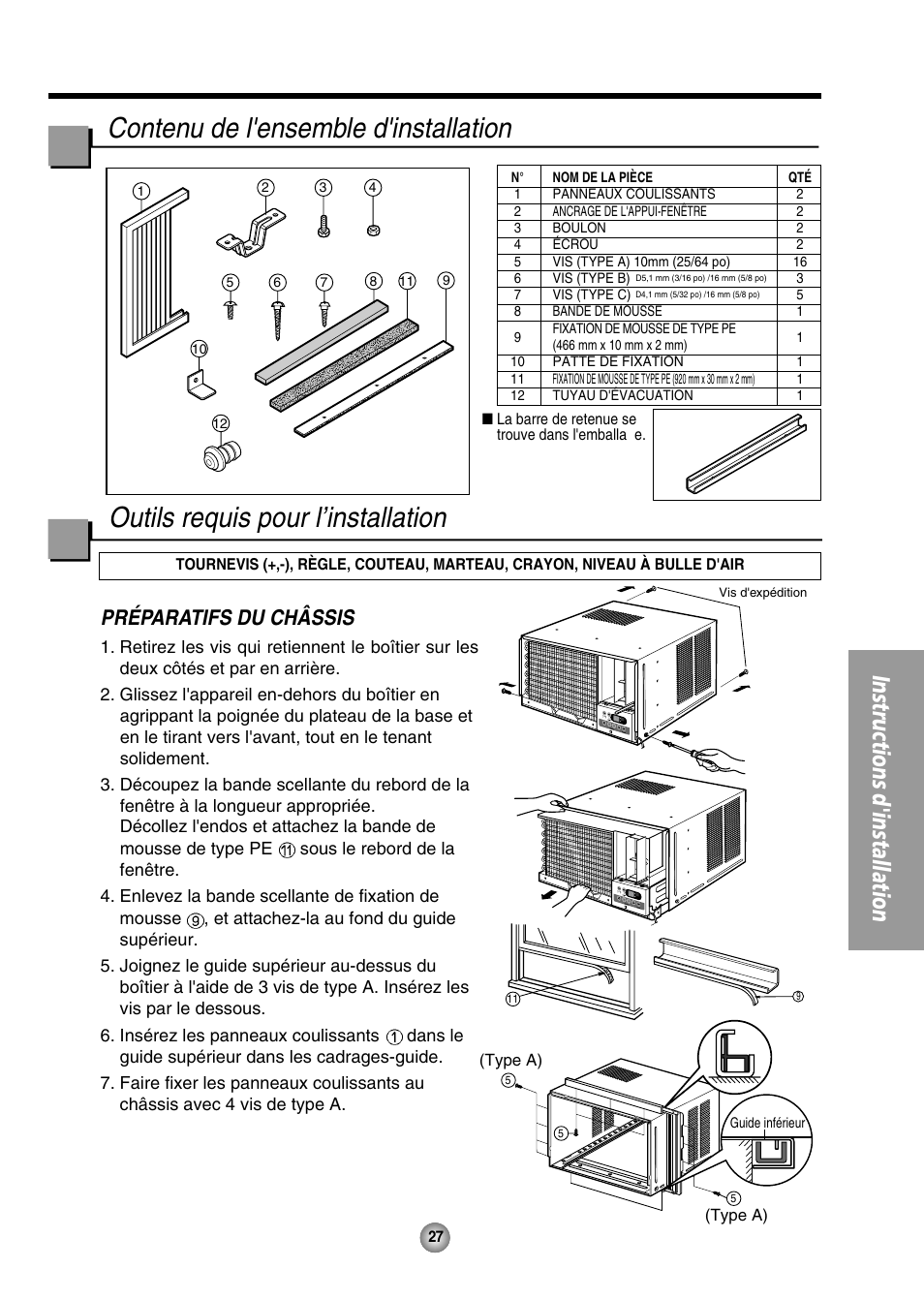 Contenu de i'ensemble d'installation, Outils requis pour i'installation, Instructions d'installation | Préparatifs du châssis | Panasonic CW-XC144HU User Manual | Page 27 / 56