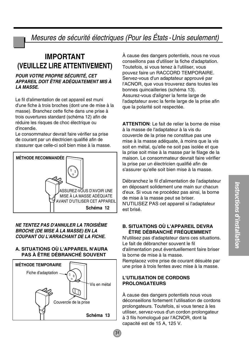 Mesures de securite electriques, Instructions d'installation | Panasonic CW-XC144HU User Manual | Page 31 / 56