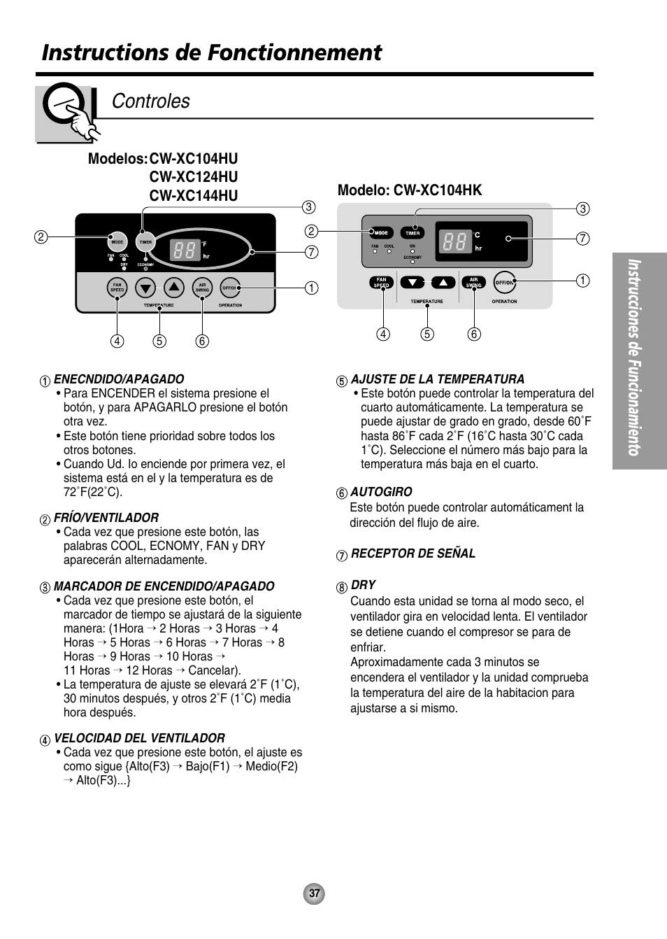 Instrucciones de fonctionnement, Controles, Instructions de fonctionnement | Instrucciones de funcionamiento | Panasonic CW-XC144HU User Manual | Page 37 / 56