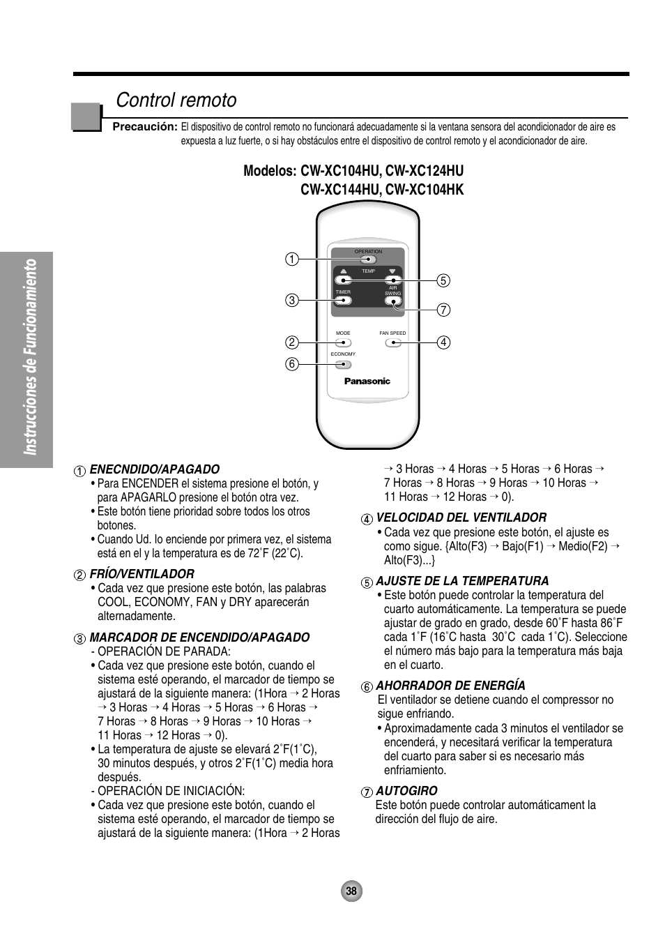 Control remoto, Instrucciones de funcionamiento | Panasonic CW-XC144HU User Manual | Page 38 / 56