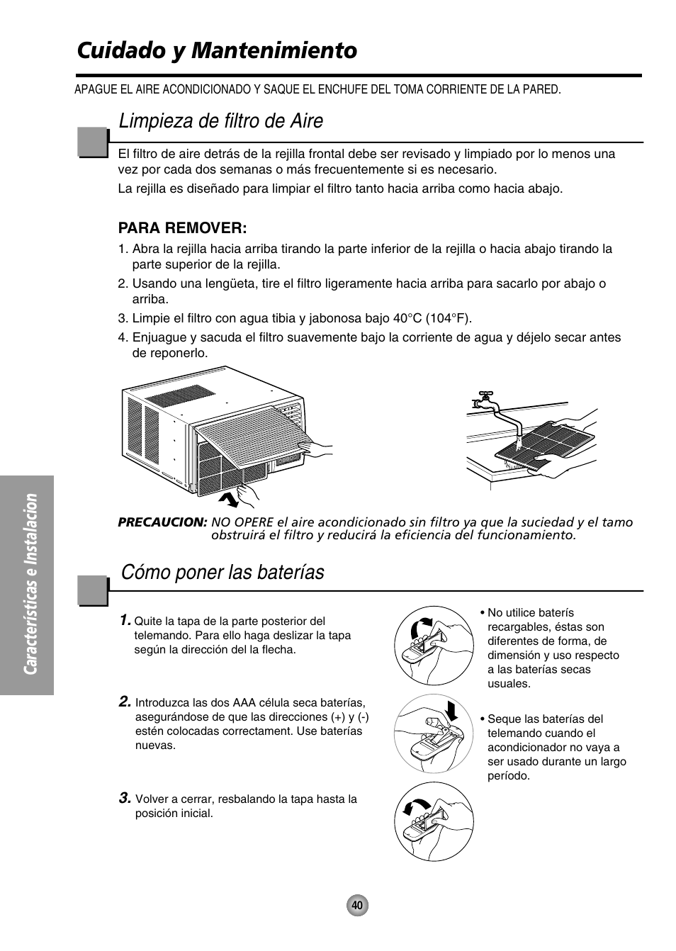 Cuidado y mantenimiento, Limpieza de filtro de aire, Como poner las baterias | Cómo poner las baterías, Características e instalacion | Panasonic CW-XC144HU User Manual | Page 40 / 56