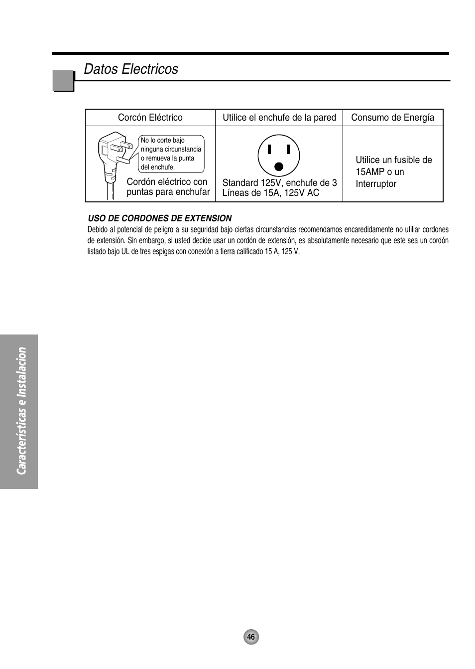 Datos electricos, Características e instalacion | Panasonic CW-XC144HU User Manual | Page 46 / 56