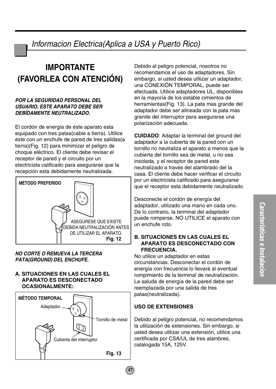 Informacion electrica, Características e instalacion | Panasonic CW-XC144HU User Manual | Page 47 / 56