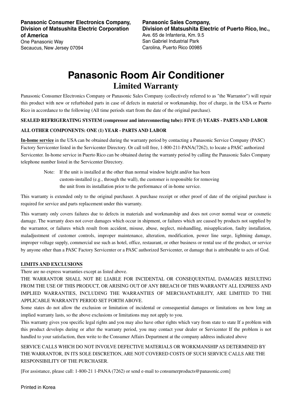 Panasonic room air conditioner, Limited warranty | Panasonic CW-XC144HU User Manual | Page 56 / 56