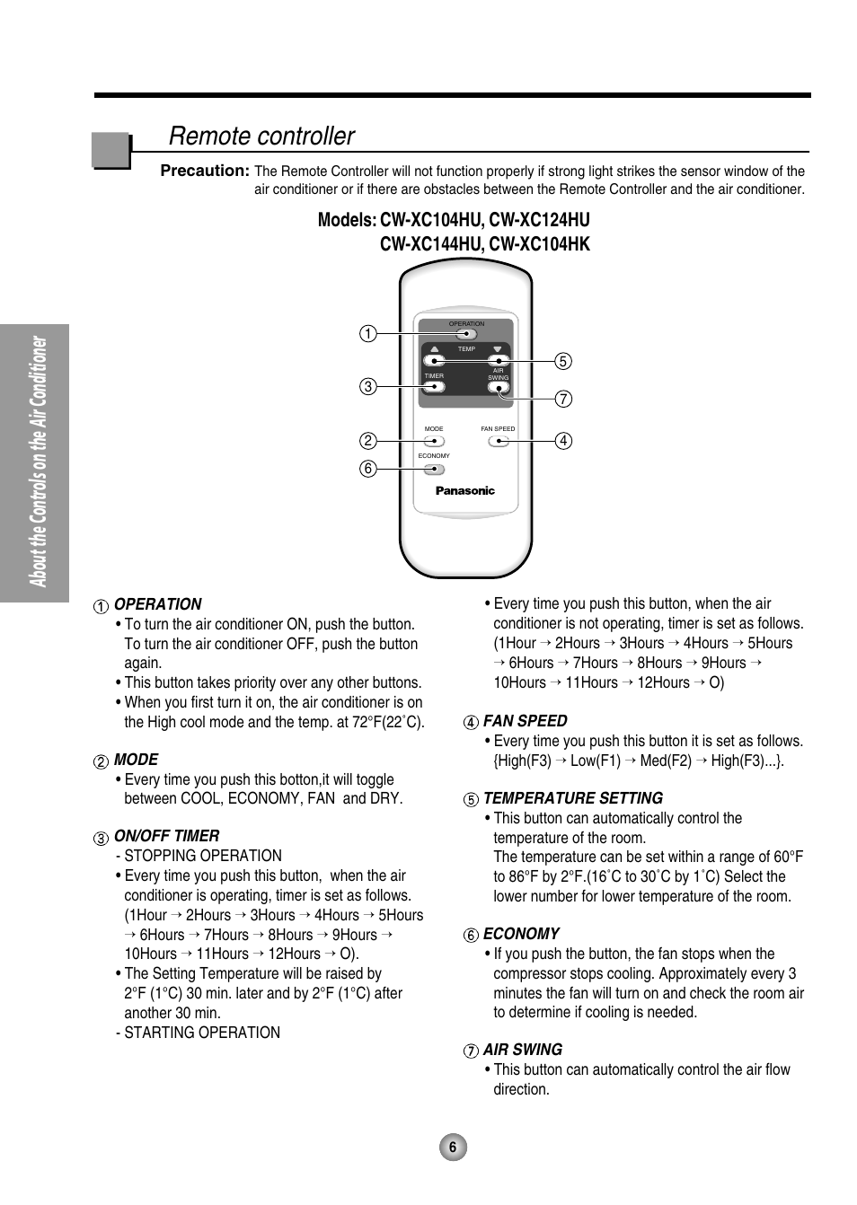 Remote controller, About the controls on the air conditioner | Panasonic CW-XC144HU User Manual | Page 6 / 56