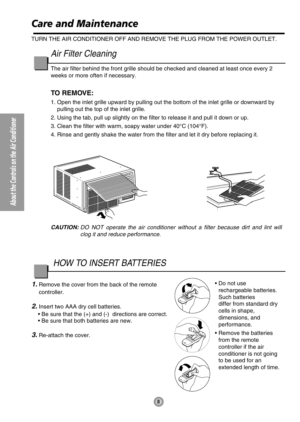 Care and maintenance, Air filter cleaning, How to insert batteries | About the controls on the air conditioner | Panasonic CW-XC144HU User Manual | Page 8 / 56