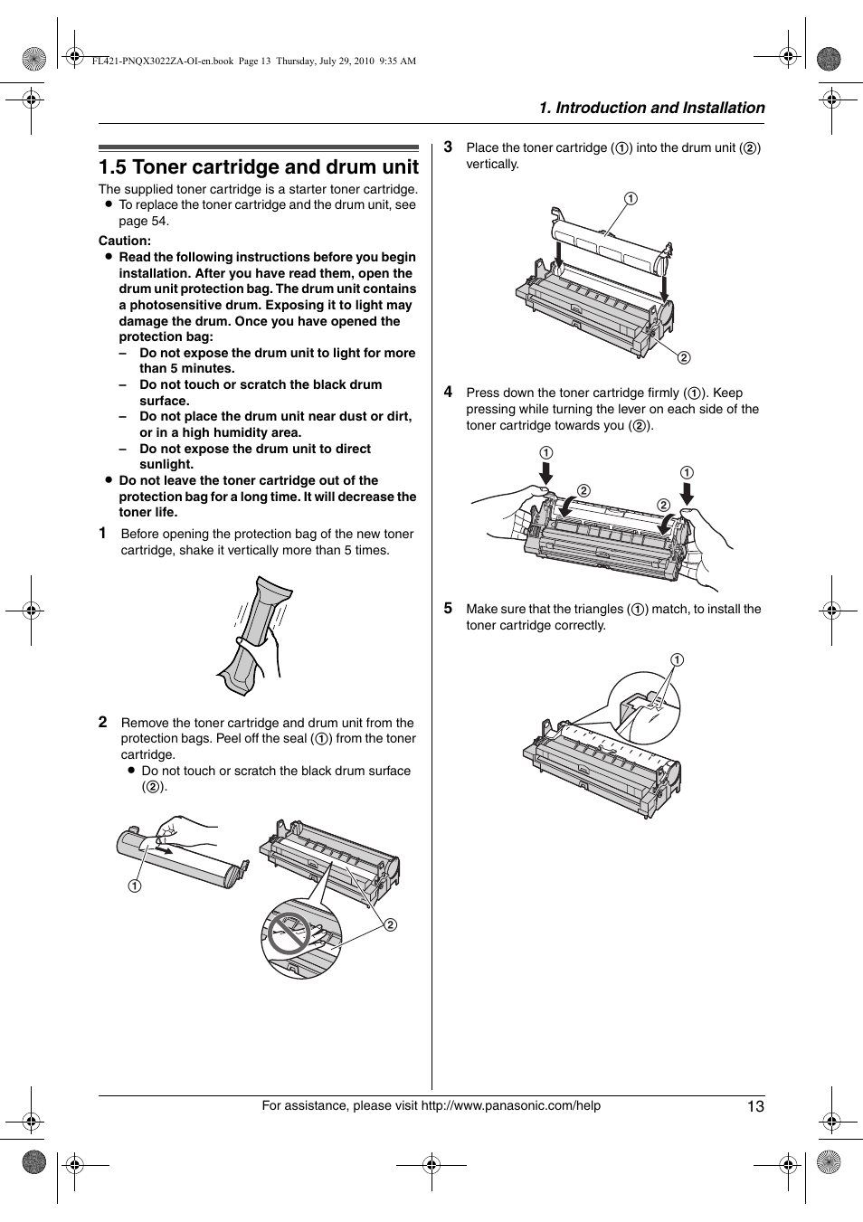 Installation, 5 toner cartridge and drum unit, Toner cartridge and drum unit | 5 toner cartridge and drum unit | Panasonic KX-FL421 User Manual | Page 13 / 72