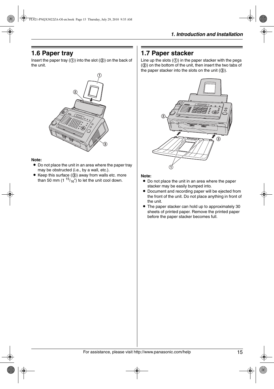 6 paper tray, 7 paper stacker, Paper tray | Paper stacker, 6 paper tray, 7 paper stacker | Panasonic KX-FL421 User Manual | Page 15 / 72