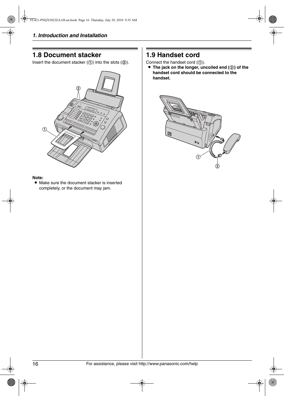 8 document stacker, 9 handset cord, Document stacker | Handset cord, 8 document stacker, 9 handset cord | Panasonic KX-FL421 User Manual | Page 16 / 72