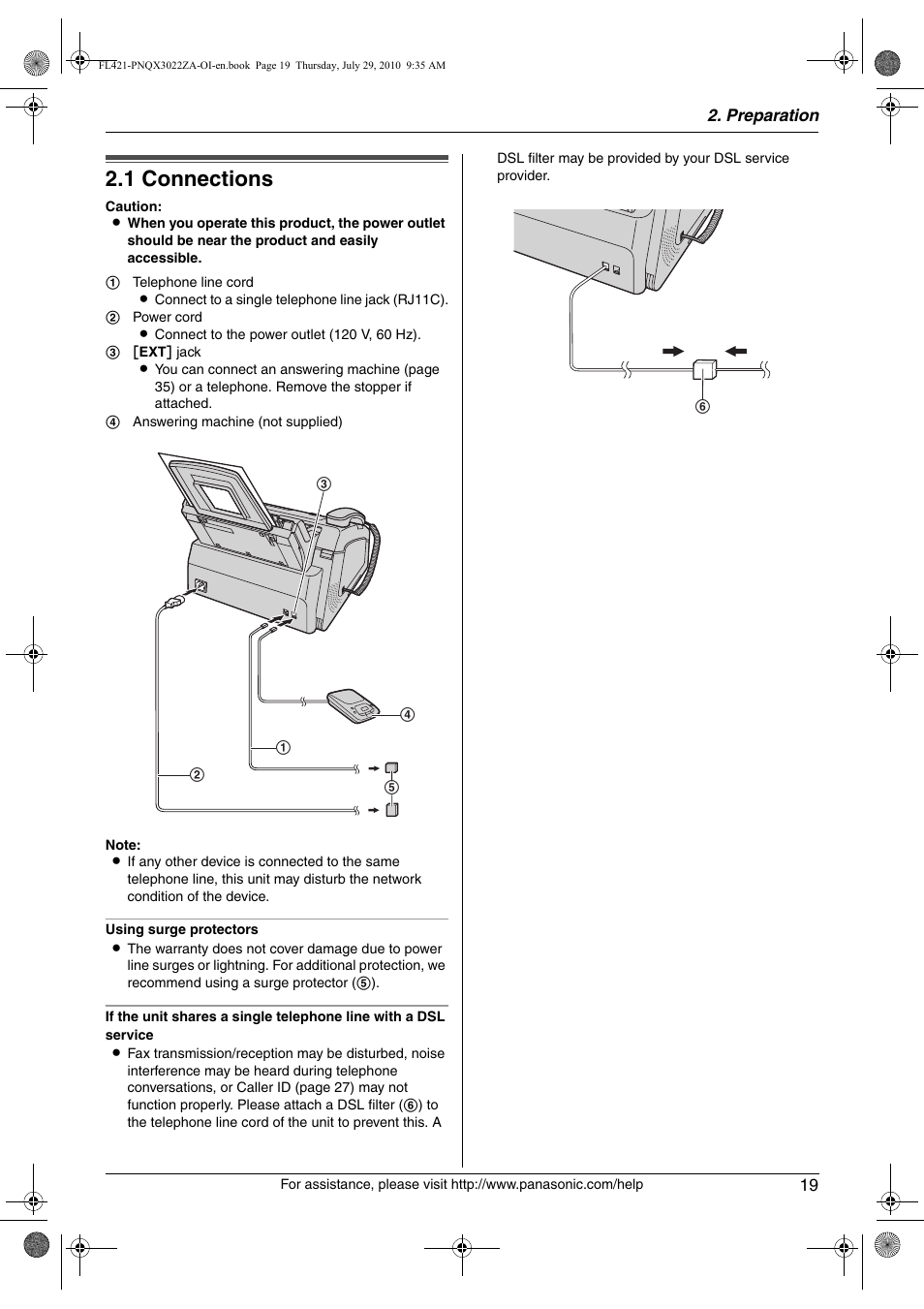 Preparation, Connections and setup, 1 connections | Connections, 1 connections | Panasonic KX-FL421 User Manual | Page 19 / 72