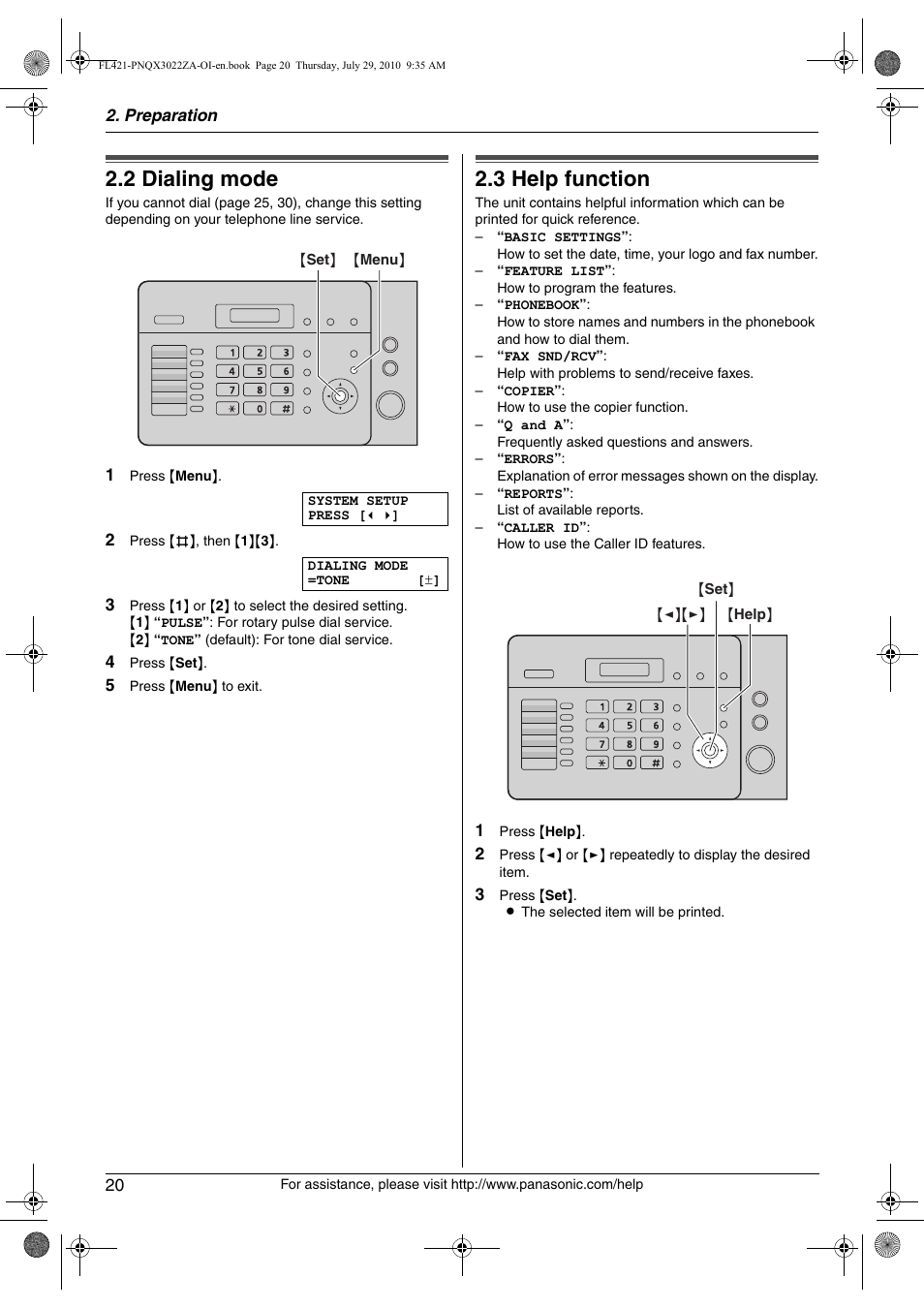 2 dialing mode, Help, 3 help function | Volume, Dialing mode, Help function, 2 dialing mode, 3 help function | Panasonic KX-FL421 User Manual | Page 20 / 72