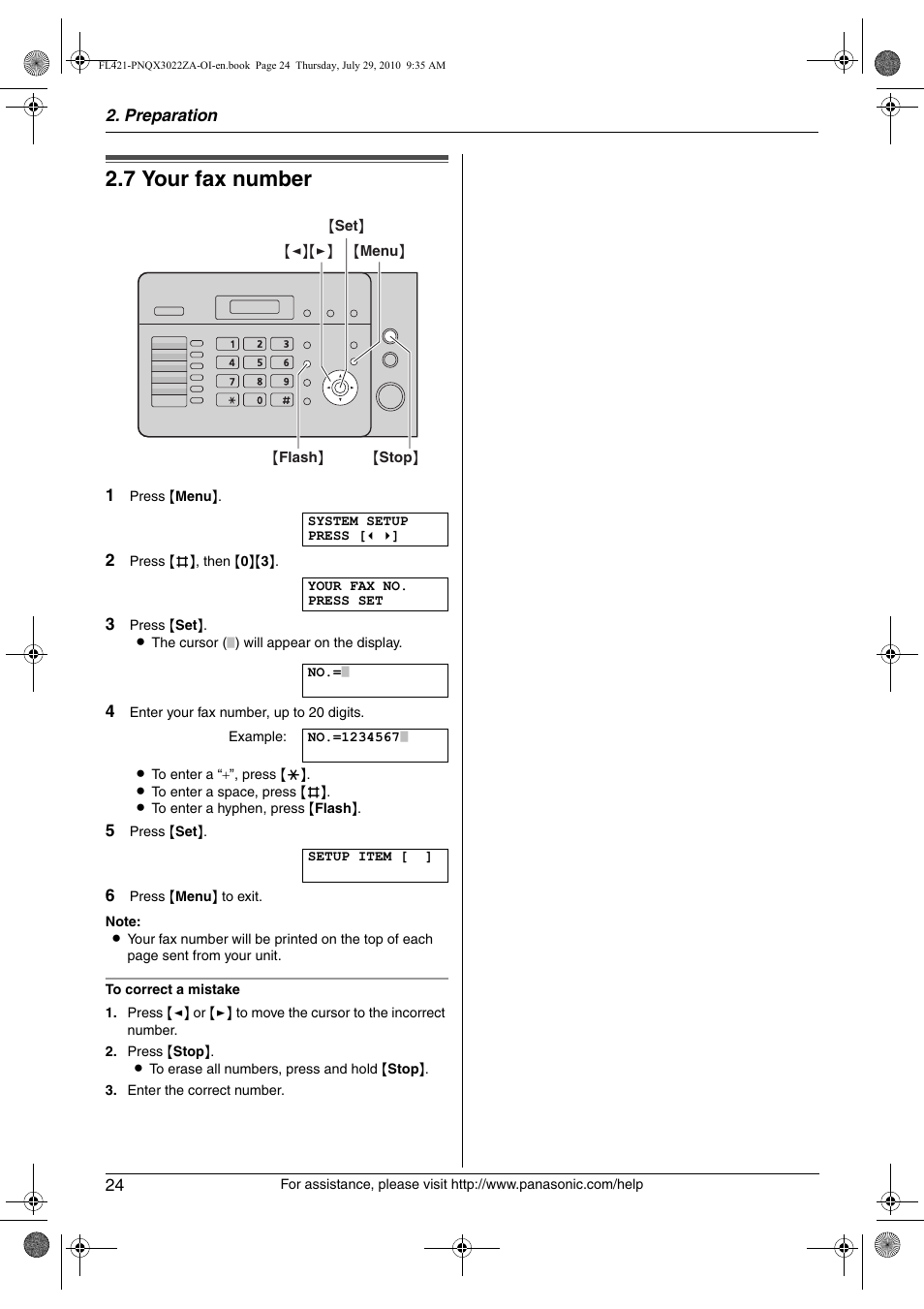 7 your fax number, Your fax number, 7 your fax number | Panasonic KX-FL421 User Manual | Page 24 / 72