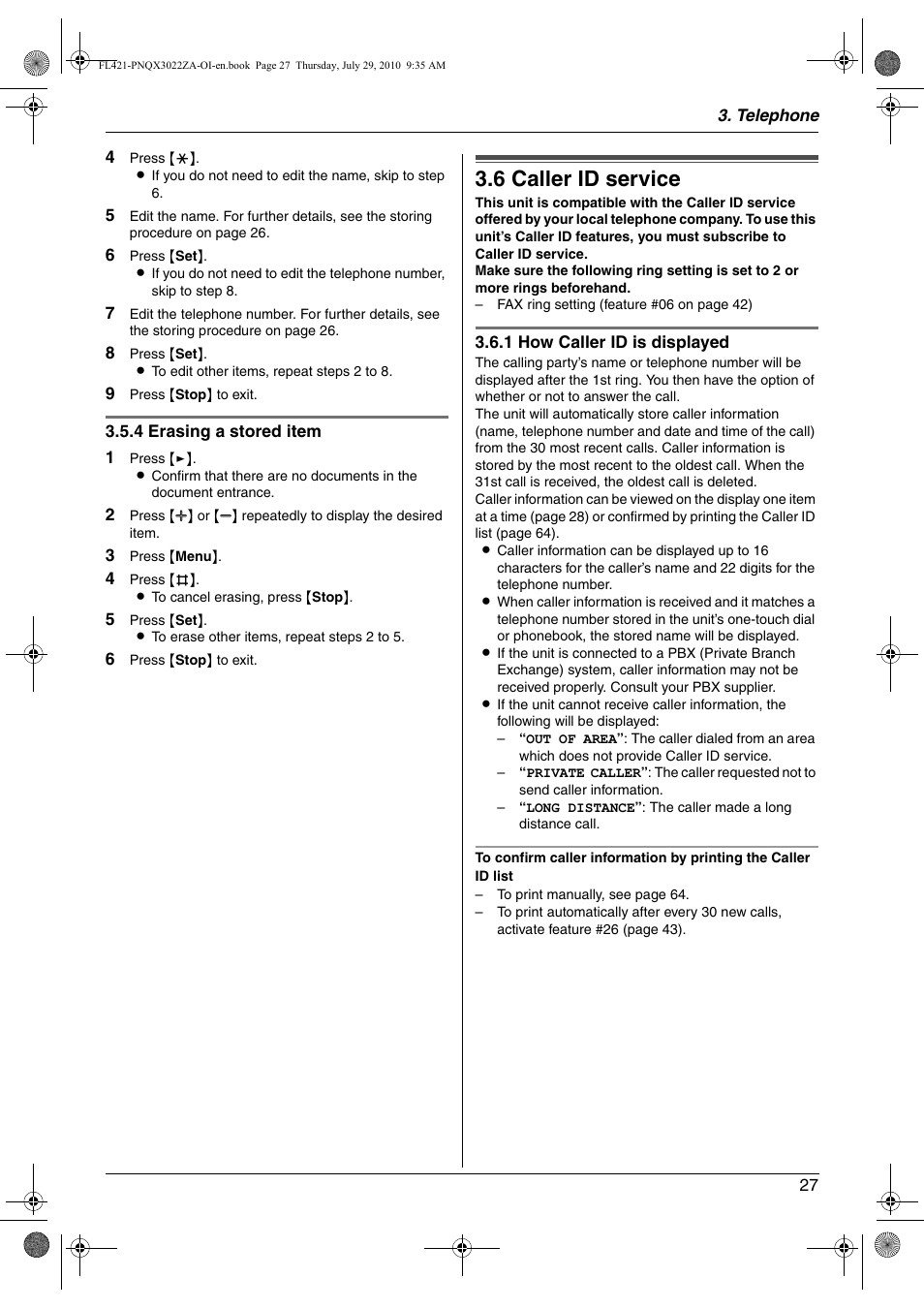 Caller id, 6 caller id service, Caller id service | 6 caller id service | Panasonic KX-FL421 User Manual | Page 27 / 72