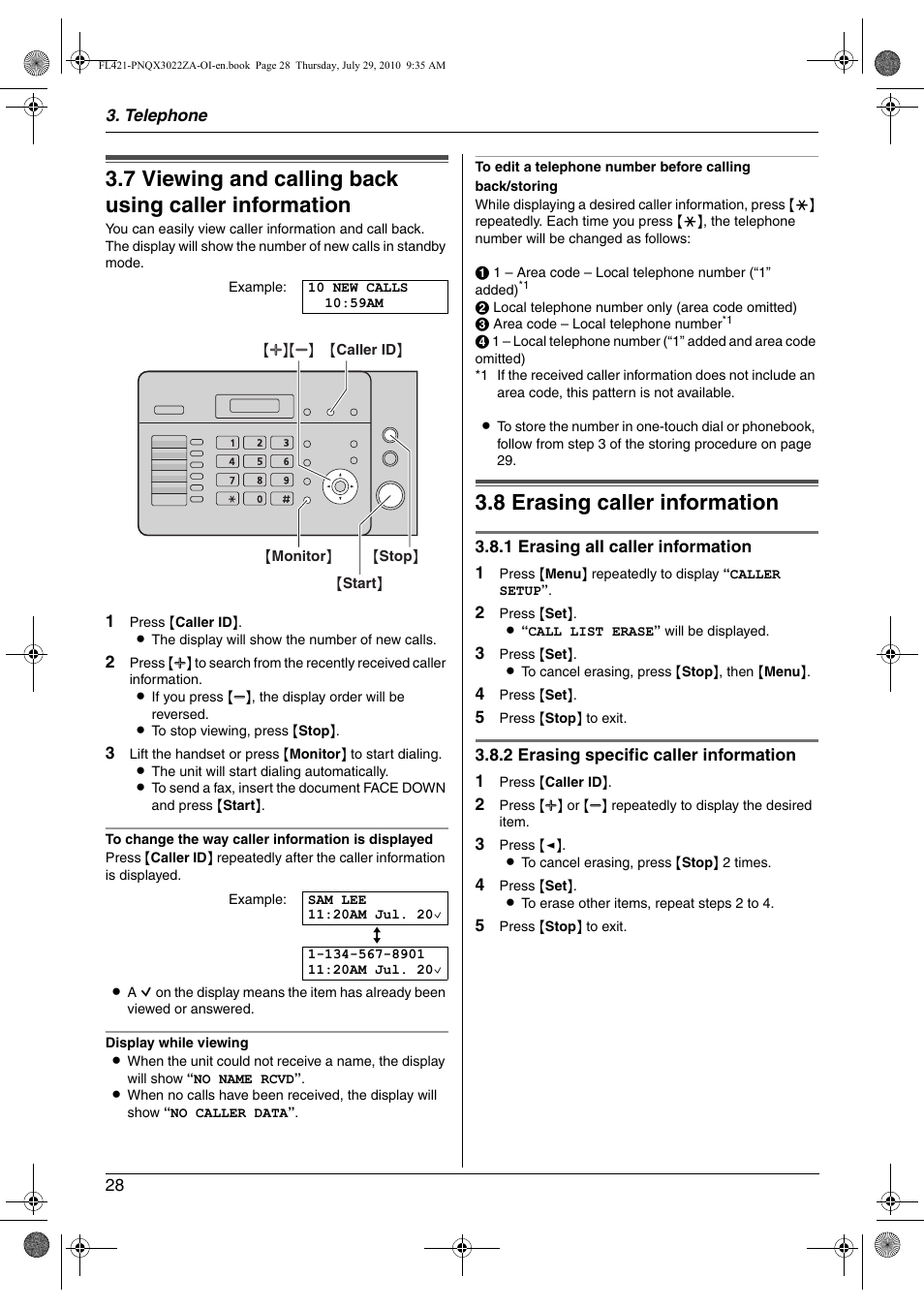 8 erasing caller information, Viewing and calling back using caller information, Erasing caller information | 8 erasing caller information | Panasonic KX-FL421 User Manual | Page 28 / 72