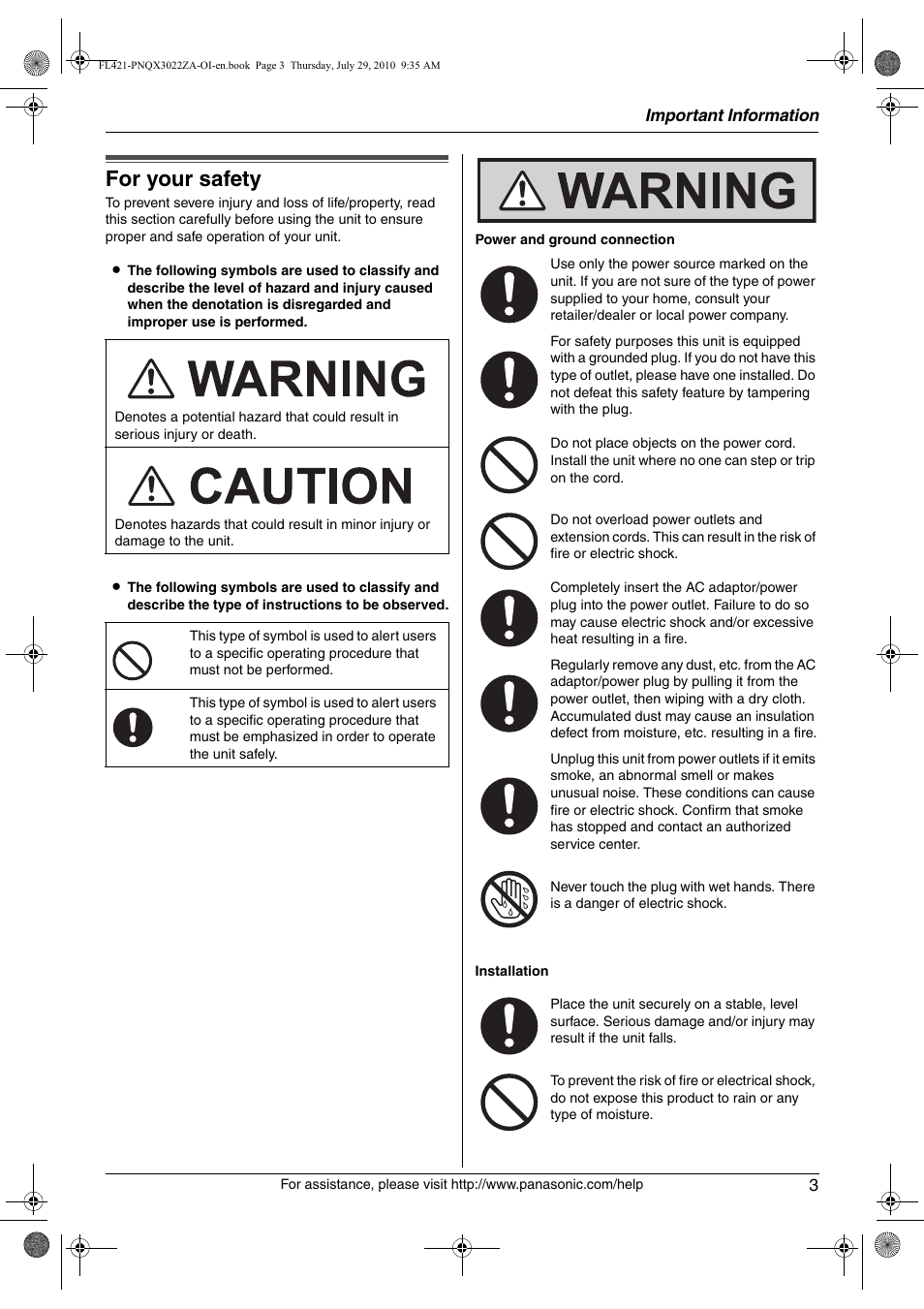 Important information, Important safety instructions, For your safety | Important information 3 | Panasonic KX-FL421 User Manual | Page 3 / 72