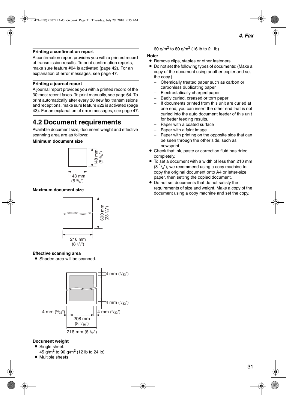 2 document requirements, Document requirements, 2 document requirements | Fax 31 | Panasonic KX-FL421 User Manual | Page 31 / 72