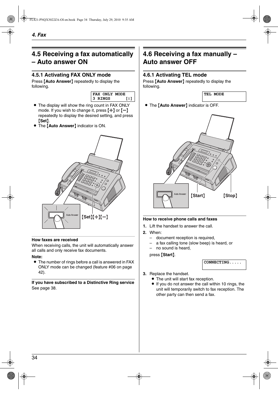 5 receiving a fax automatically – auto answer on, 6 receiving a fax manually – auto answer off, Receiving a fax automatically – auto answer on | Receiving a fax manually – auto answer off, 5 receiving a fax automatically – auto answer on, 6 receiving a fax manually – auto answer off | Panasonic KX-FL421 User Manual | Page 34 / 72