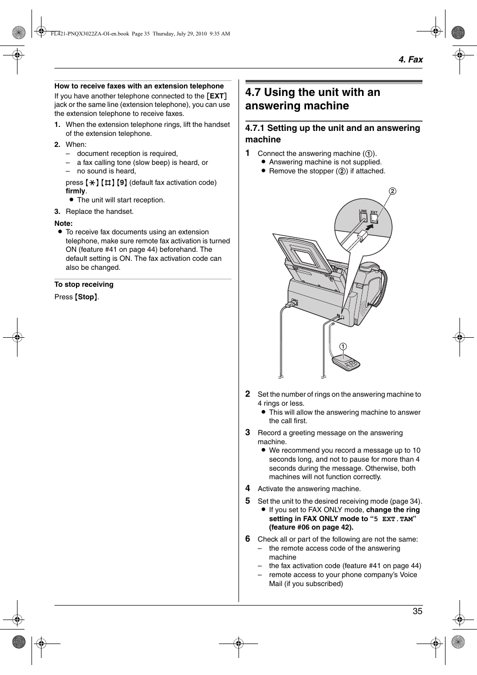 7 using the unit with an answering machine, Using the unit with an answering machine, 7 using the unit with an answering machine | Panasonic KX-FL421 User Manual | Page 35 / 72