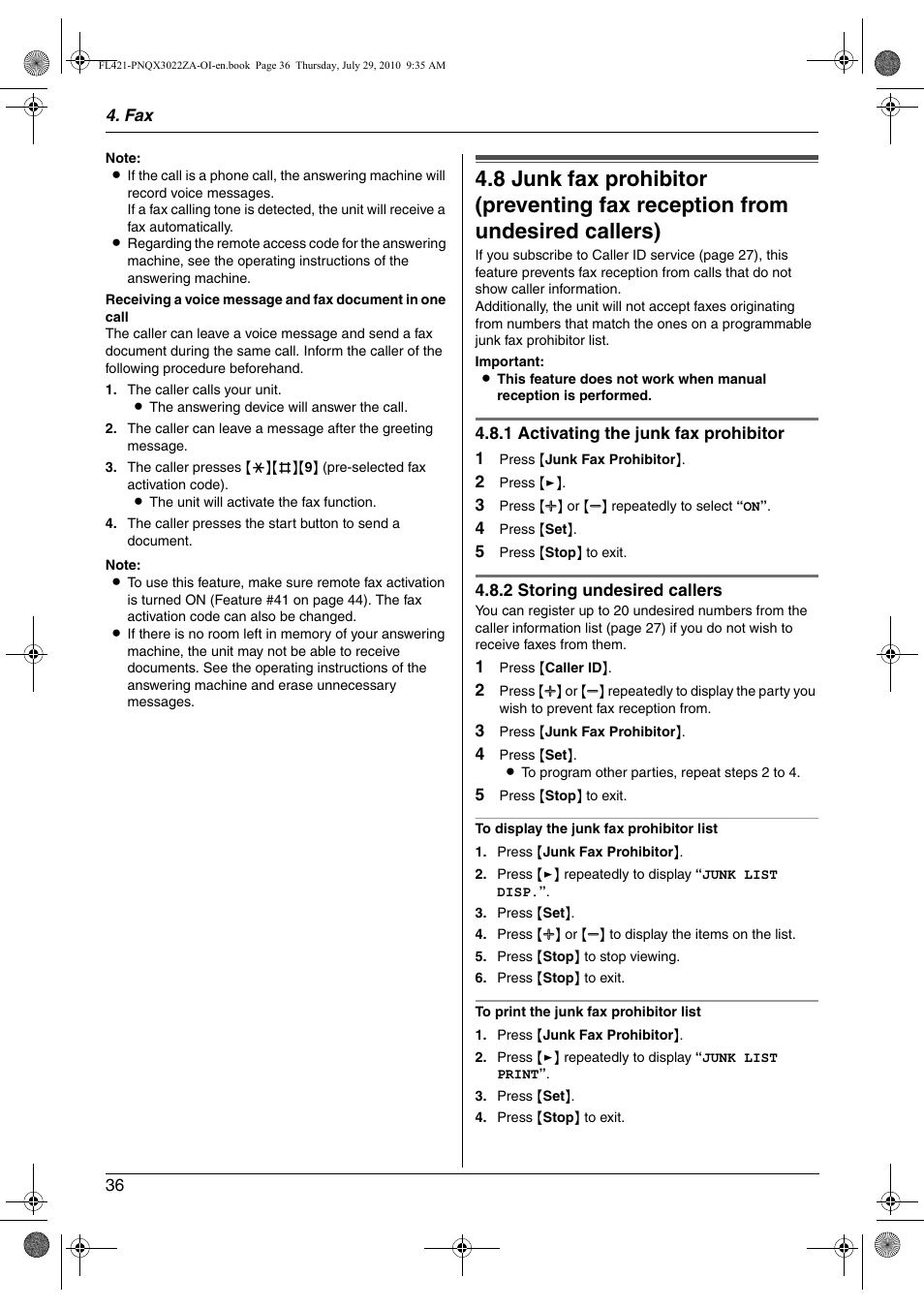 Panasonic KX-FL421 User Manual | Page 36 / 72