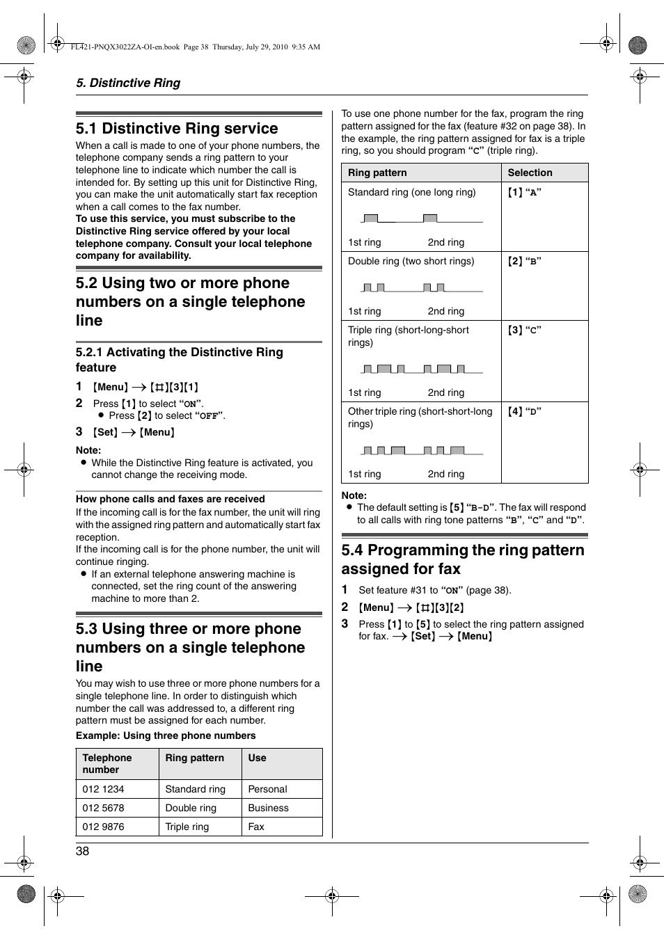 Distinctive ring, 1 distinctive ring service, 4 programming the ring pattern assigned for fax | Distinctive ring service, Programming the ring pattern assigned for fax, 1 distinctive ring service, 4 programming the ring pattern assigned for fax | Panasonic KX-FL421 User Manual | Page 38 / 72