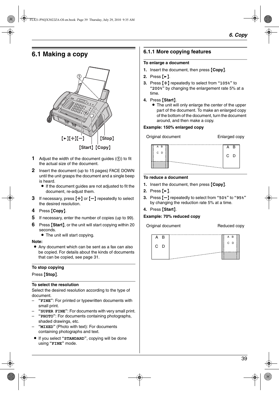 Copy, Copying, 1 making a copy | Making a copy, 1 making a copy | Panasonic KX-FL421 User Manual | Page 39 / 72