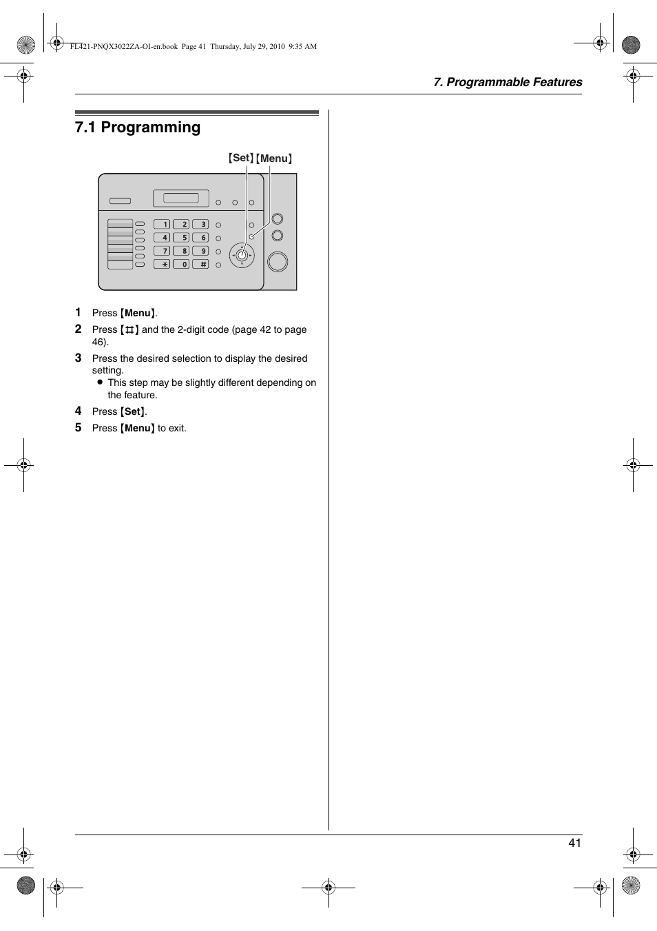 Programmable features, Features summary, 1 programming | Programming, 1 programming | Panasonic KX-FL421 User Manual | Page 41 / 72