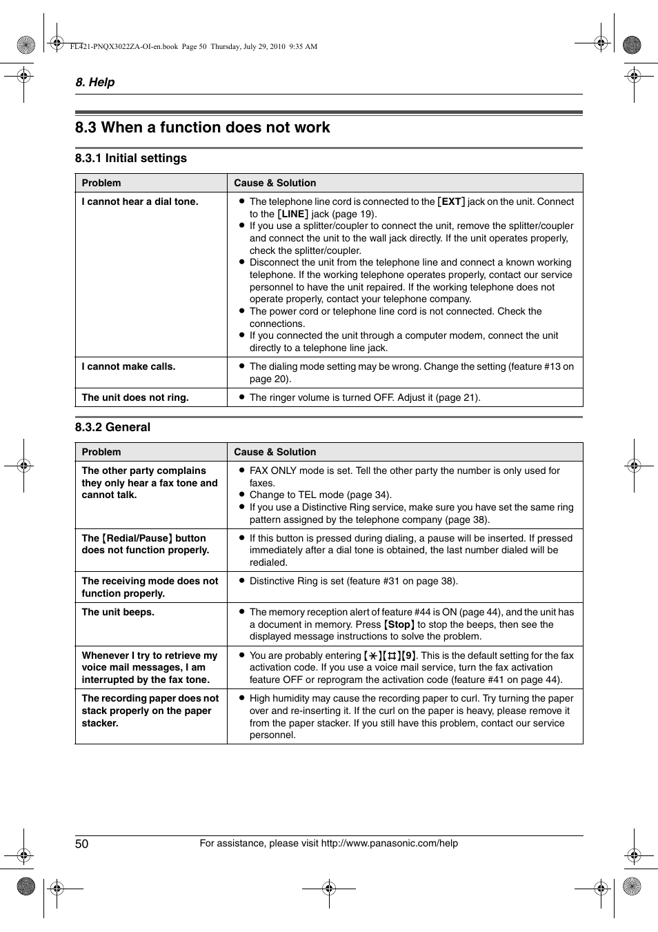 Troubleshooting, 3 when a function does not work, When a function does not work | 3 when a function does not work | Panasonic KX-FL421 User Manual | Page 50 / 72