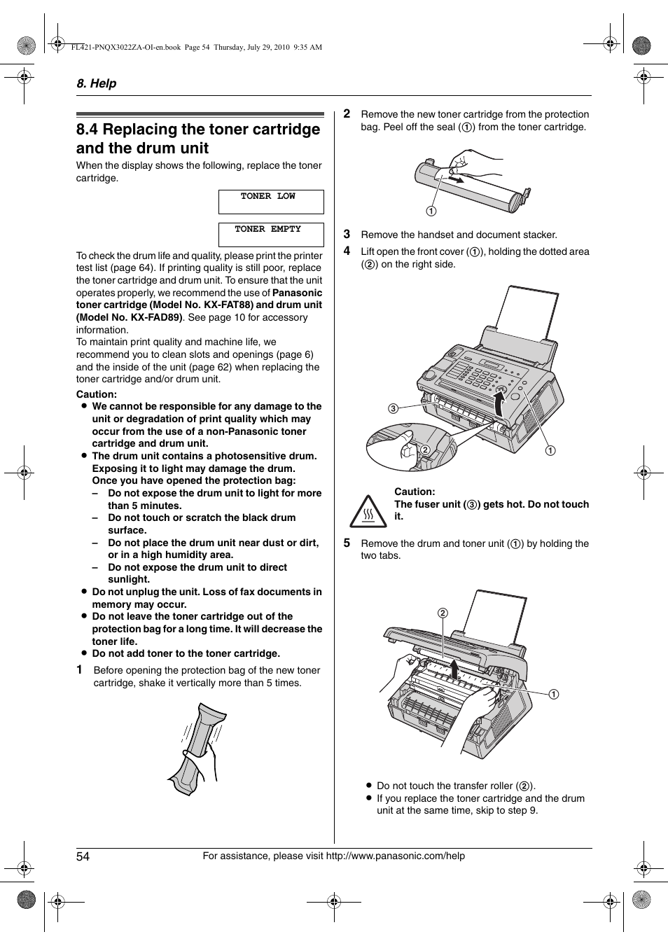Replacement, 4 replacing the toner cartridge and the drum unit, Replacing the toner cartridge and the drum unit | 4 replacing the toner cartridge and the drum unit | Panasonic KX-FL421 User Manual | Page 54 / 72
