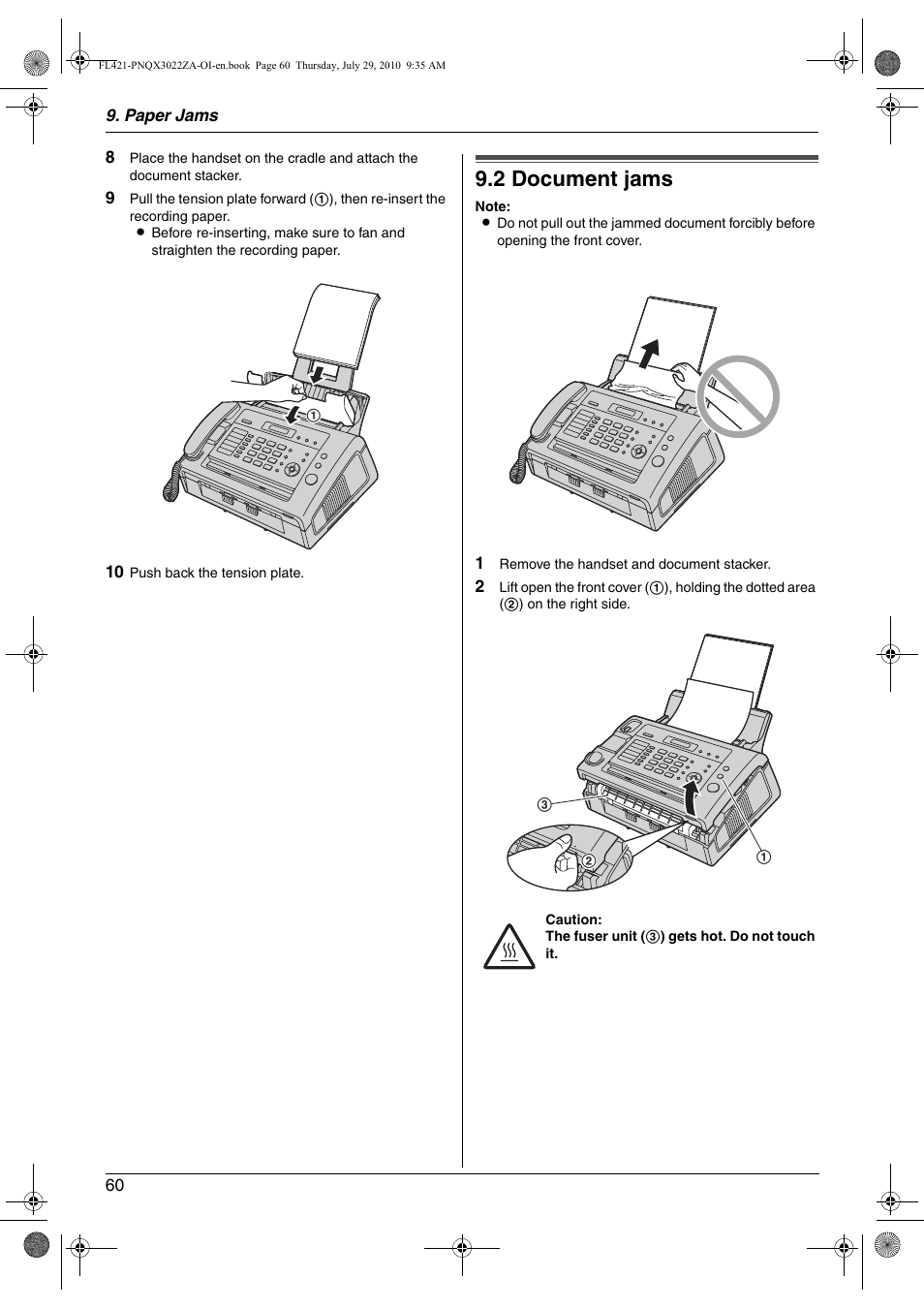 2 document jams, Document jams, 2 document jams | Panasonic KX-FL421 User Manual | Page 60 / 72