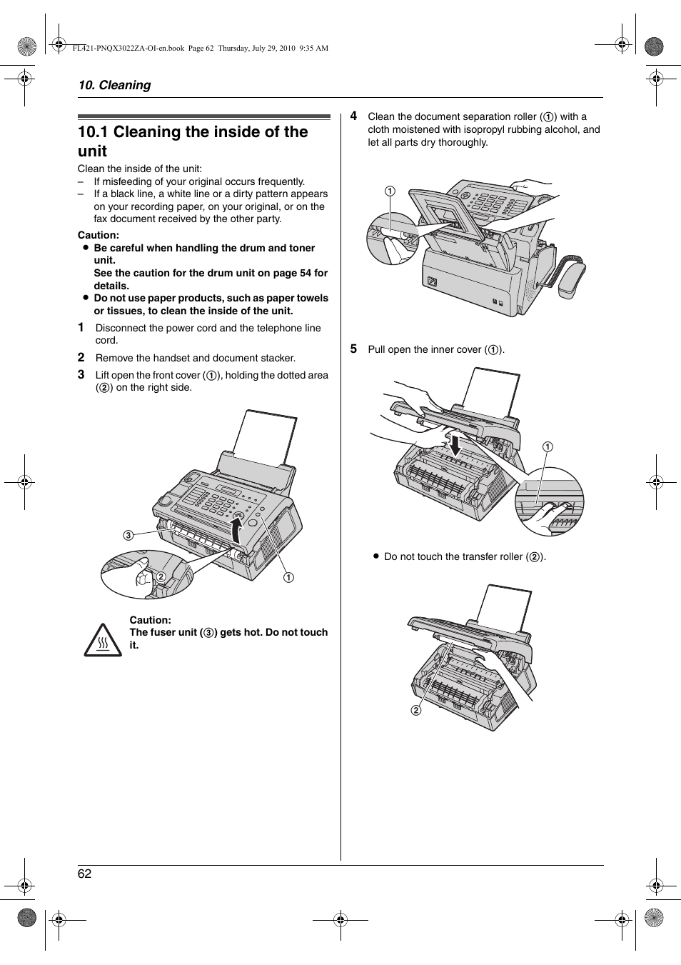 Cleaning, 1 cleaning the inside of the unit, Cleaning the inside of the unit | 1 cleaning the inside of the unit | Panasonic KX-FL421 User Manual | Page 62 / 72