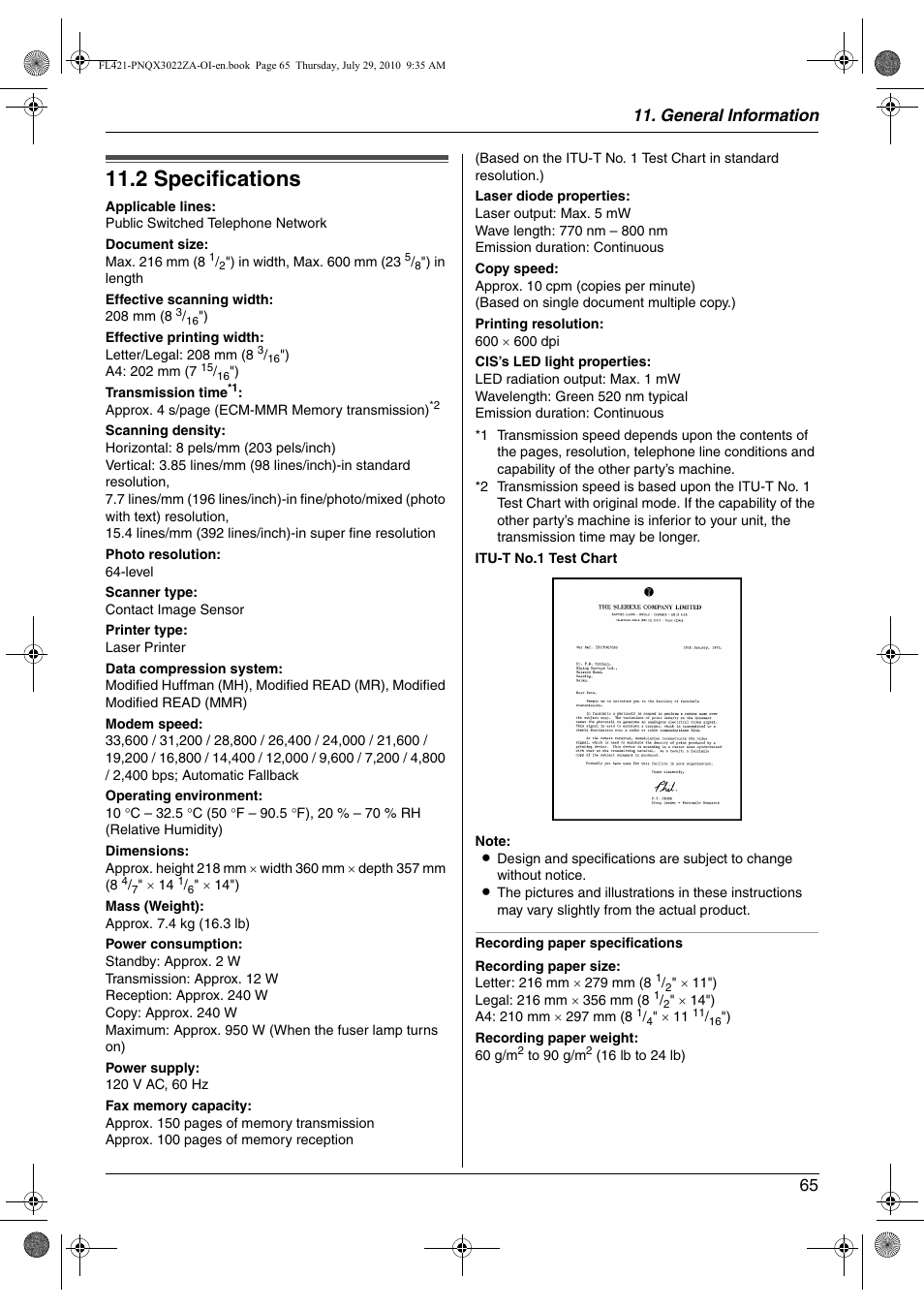 Specifications, 2 specifications, 2 specifications | General information 65 | Panasonic KX-FL421 User Manual | Page 65 / 72
