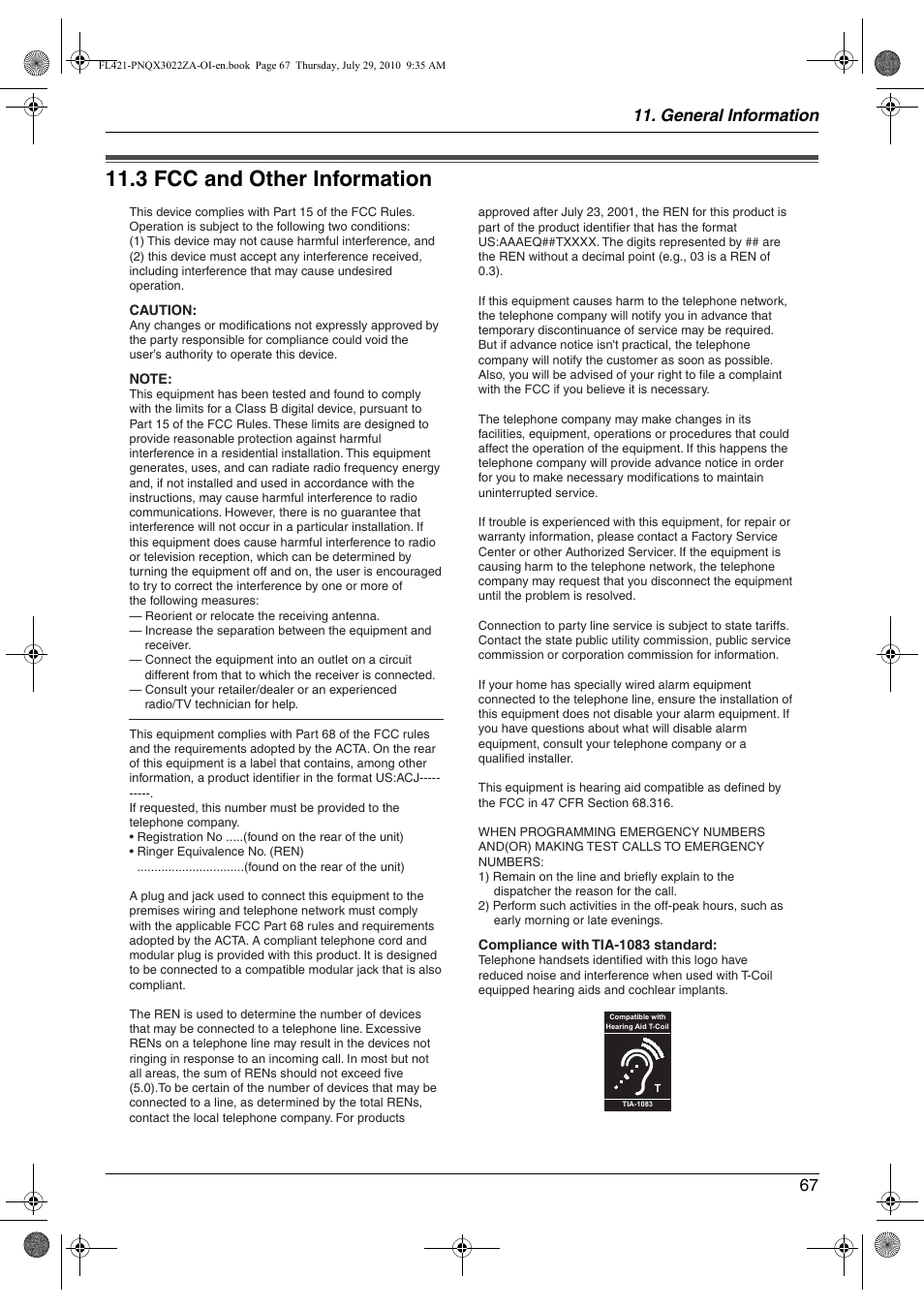 Fcc and other information, 3 fcc and other information, 3 fcc and other information | General information 67 | Panasonic KX-FL421 User Manual | Page 67 / 72