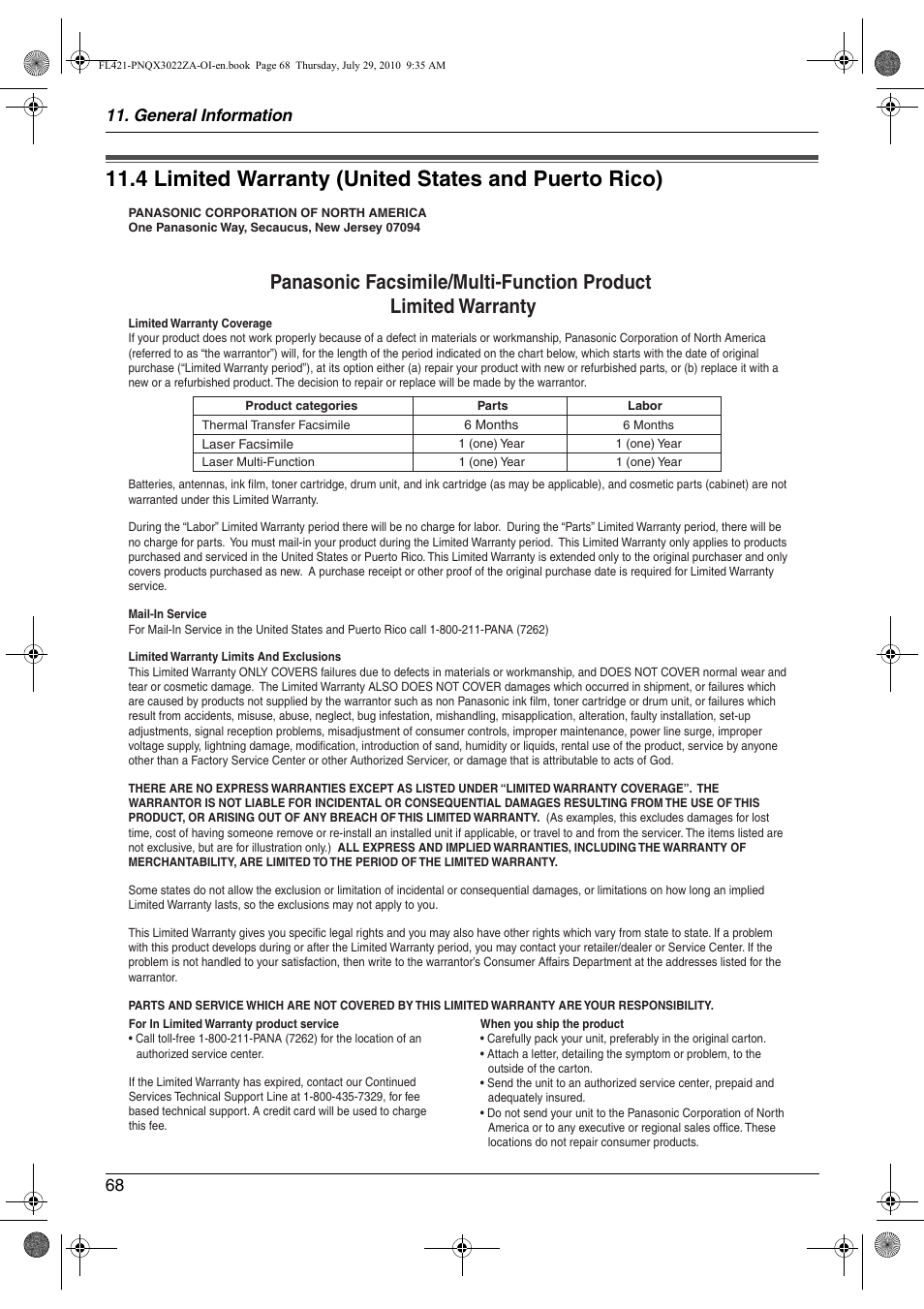 Limited warranty, Limited warranty (united states and puerto, Rico) | 4 limited warranty (united states and puerto rico), General information 68 | Panasonic KX-FL421 User Manual | Page 68 / 72