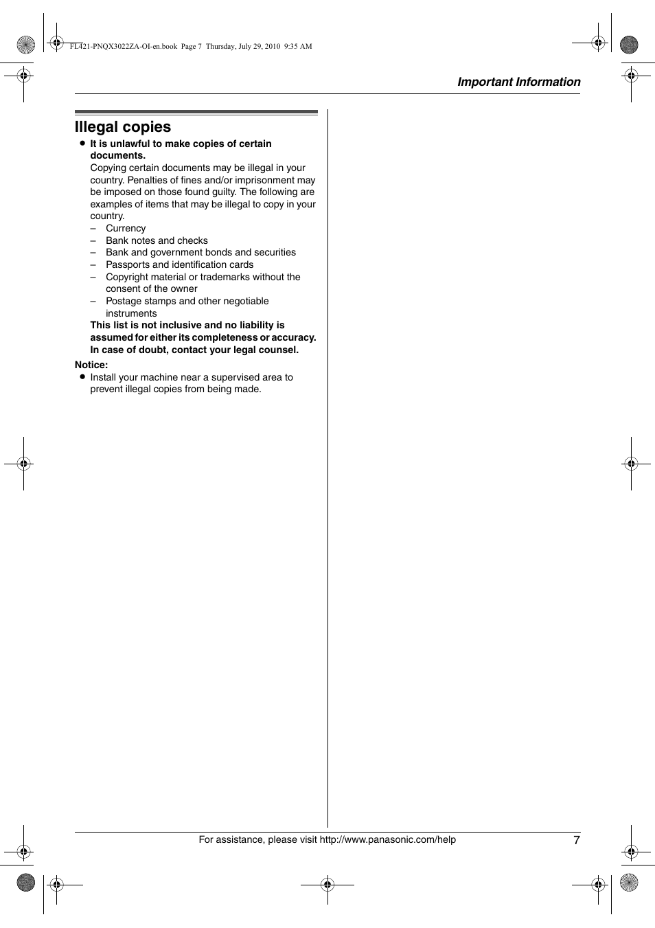 Illegal copies | Panasonic KX-FL421 User Manual | Page 7 / 72