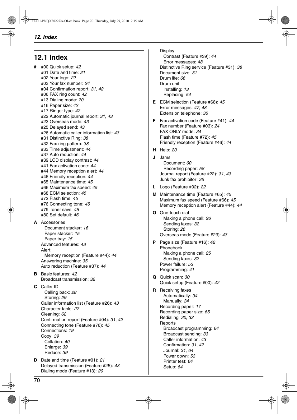 Index, 1 index | Panasonic KX-FL421 User Manual | Page 70 / 72