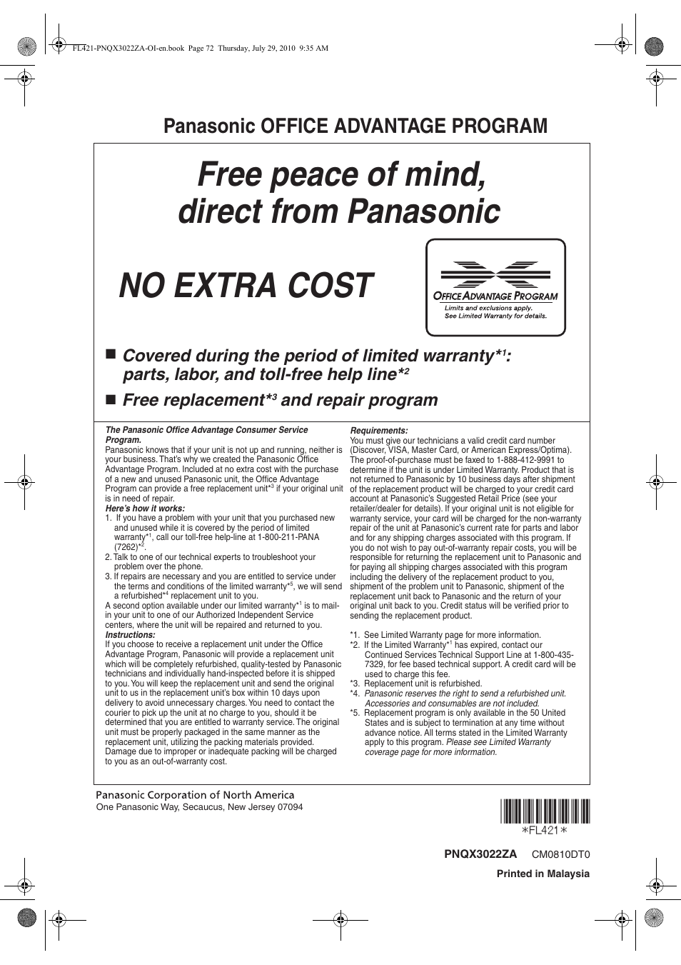 Panasonic office advantage program, Covered during the period of limited warranty, Parts, labor, and toll-free help line | Free replacement, And repair program | Panasonic KX-FL421 User Manual | Page 72 / 72